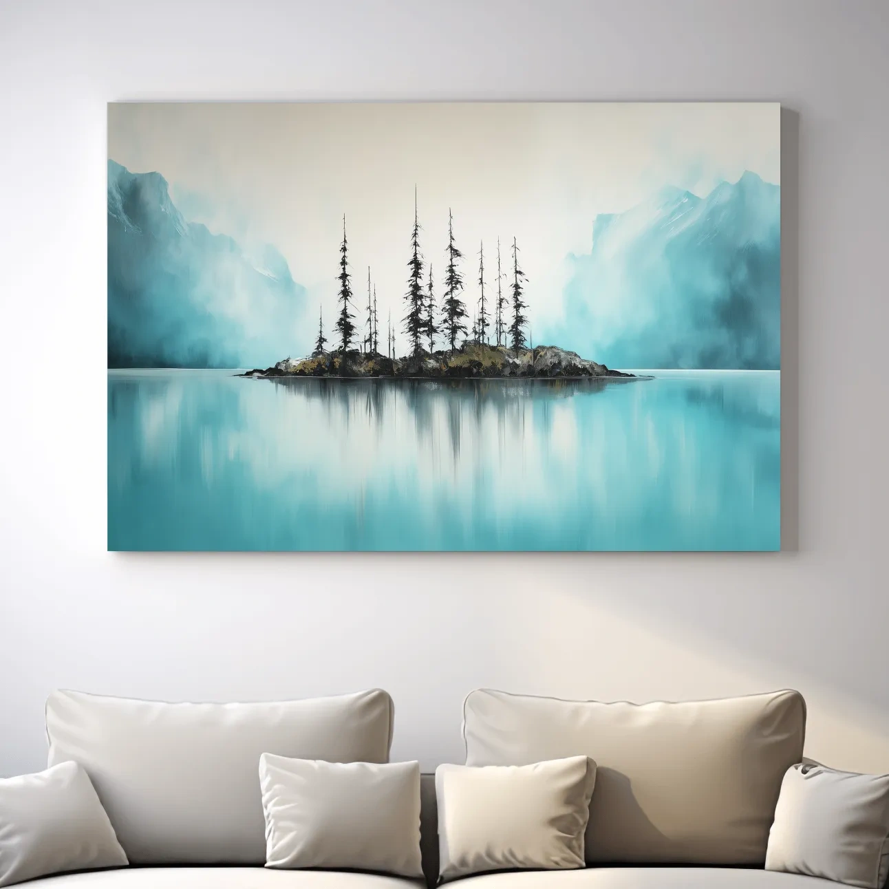 Misty Turquoise Mountain Lake Reflection - Minimalist Watercolor Landscape Wall Art