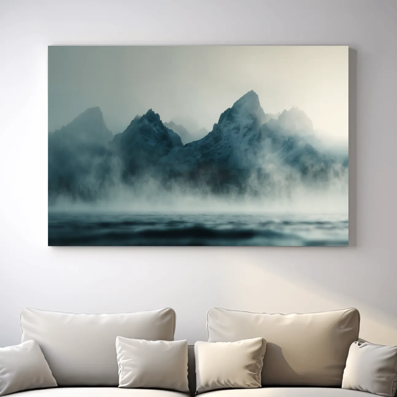 Moody Misty Mountain Peaks Over Water - Atmospheric Monochrome Landscape Wall Art