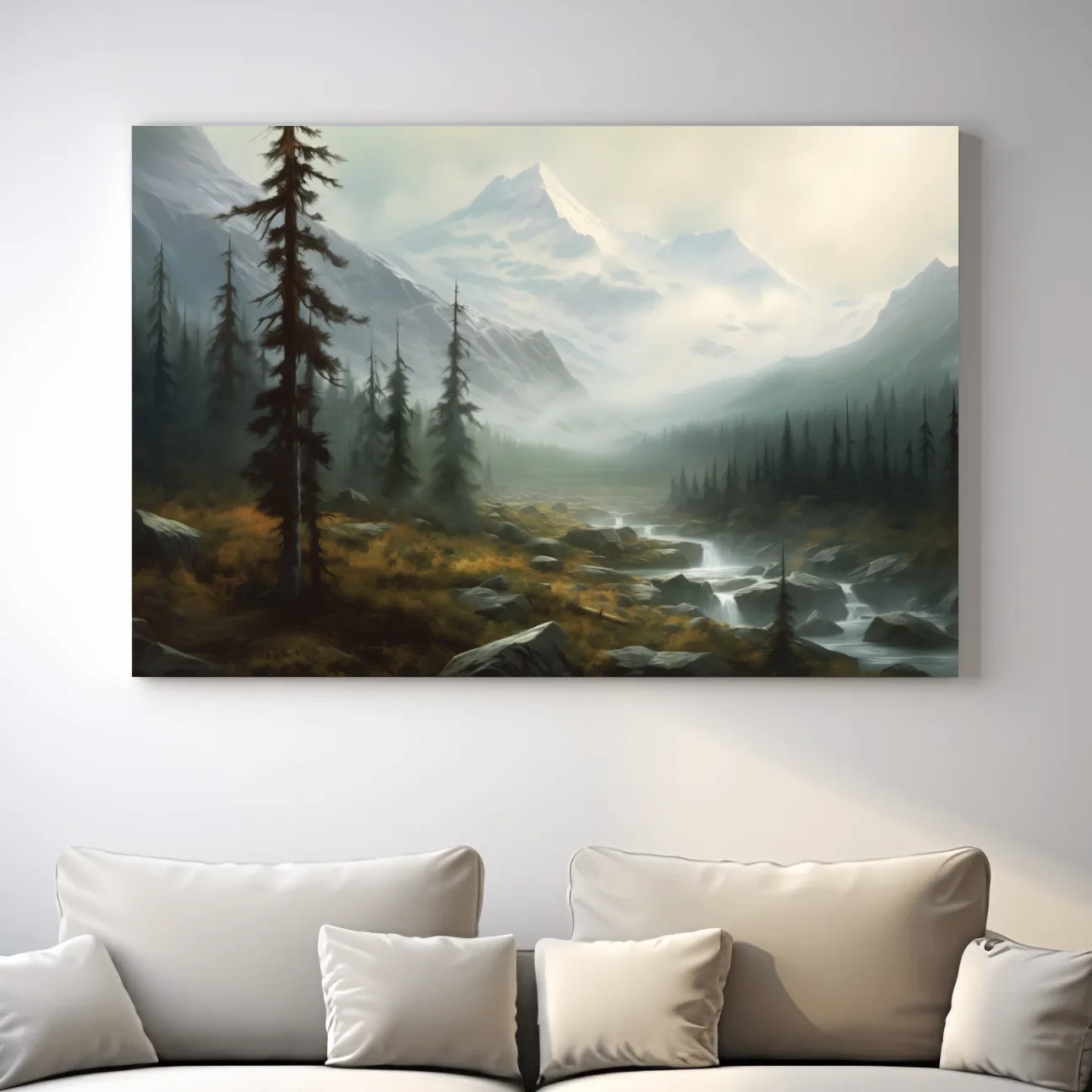 Misty Alpine Mountain Valley Painting - Foggy Evergreen Forest Wall Art