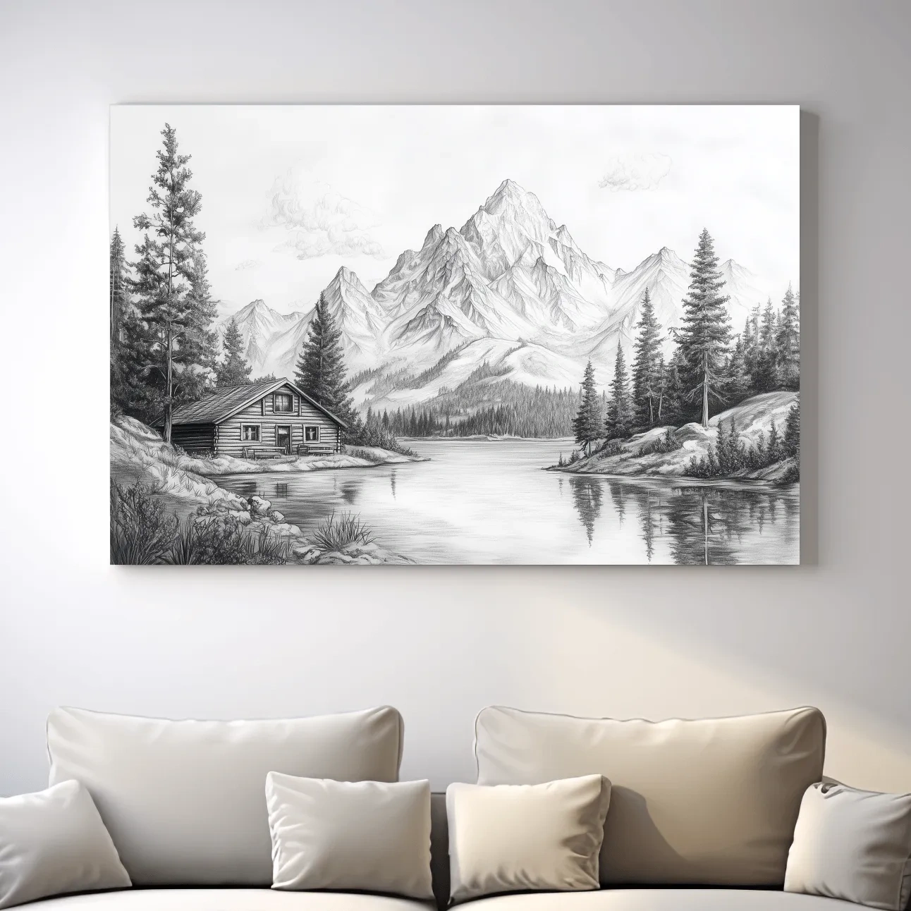 Vintage Pencil Sketch Alpine Lake Cabin - Black And White Mountain Landscape Wall Art