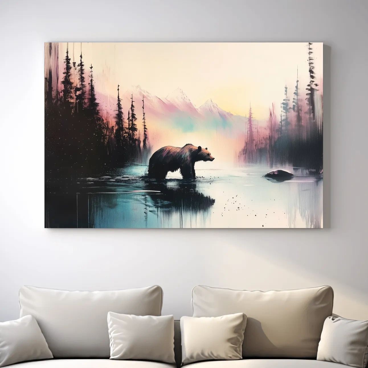 Moody Watercolor Grizzly Bear Lake Reflection - Misty Mountain Wilderness Wall Art