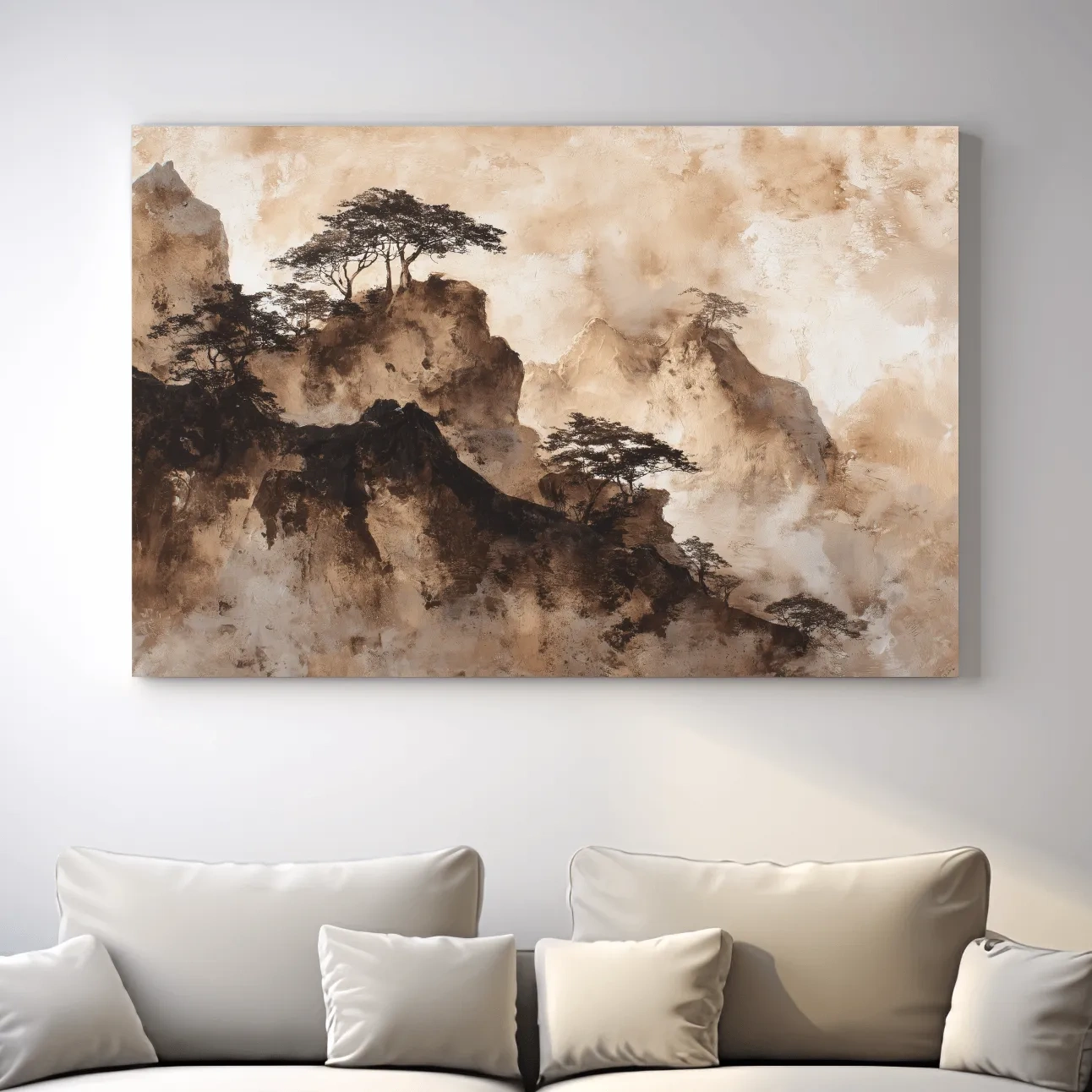 Sepia Japandi Mountain Ridge Painting - Atmospheric Ink Wash Art