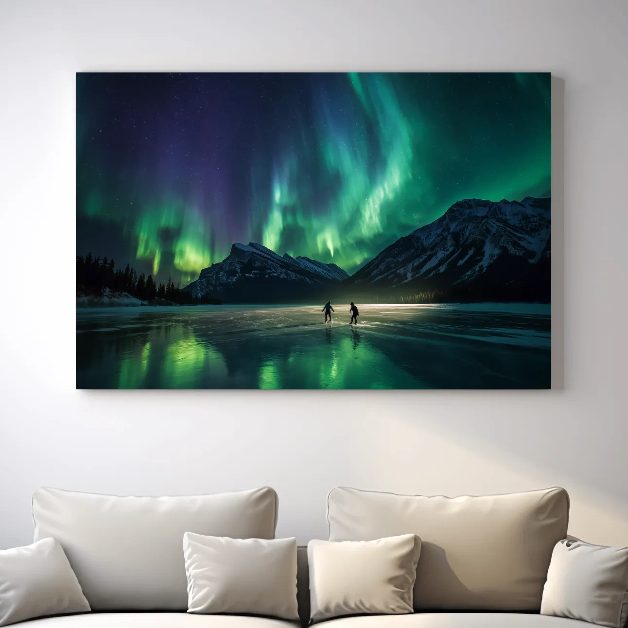 Ice Skaters Under Vibrant Northern Lights - Aurora Borealis Photographic Wall Art