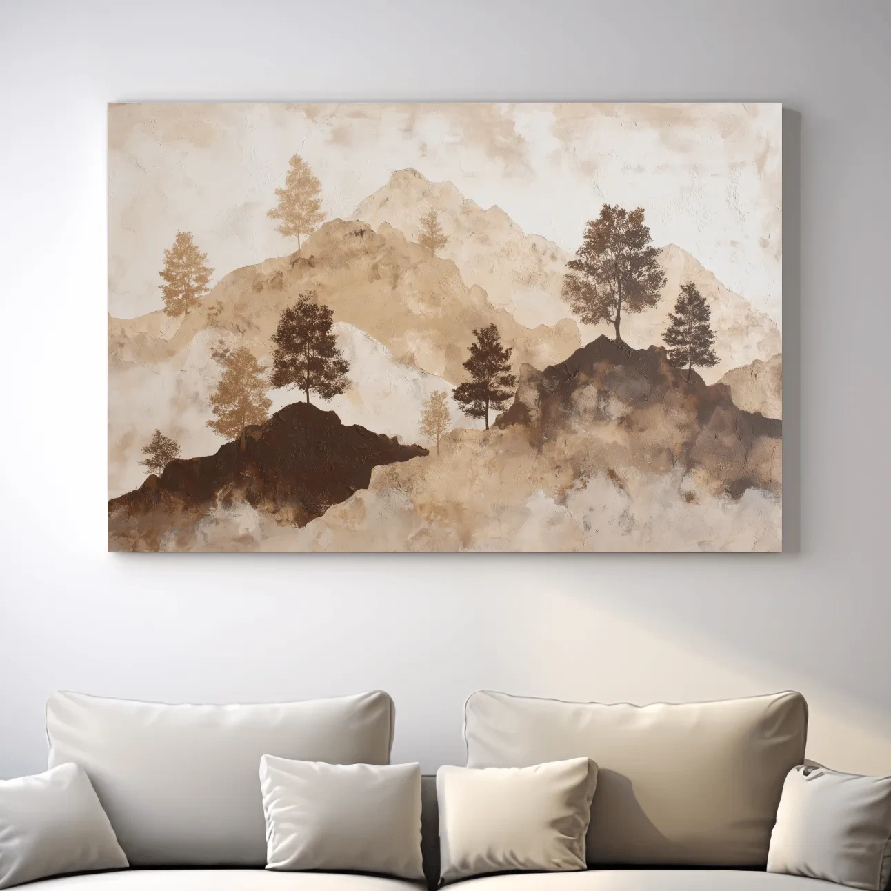 Wabi-Sabi Mountain Tree Silhouettes Painting - Minimalist Landscape Wall Art