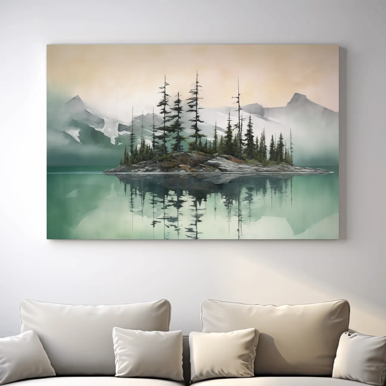 Misty Turquoise Alpine Lake Reflection - Serene Watercolor Mountain Landscape Wall Art