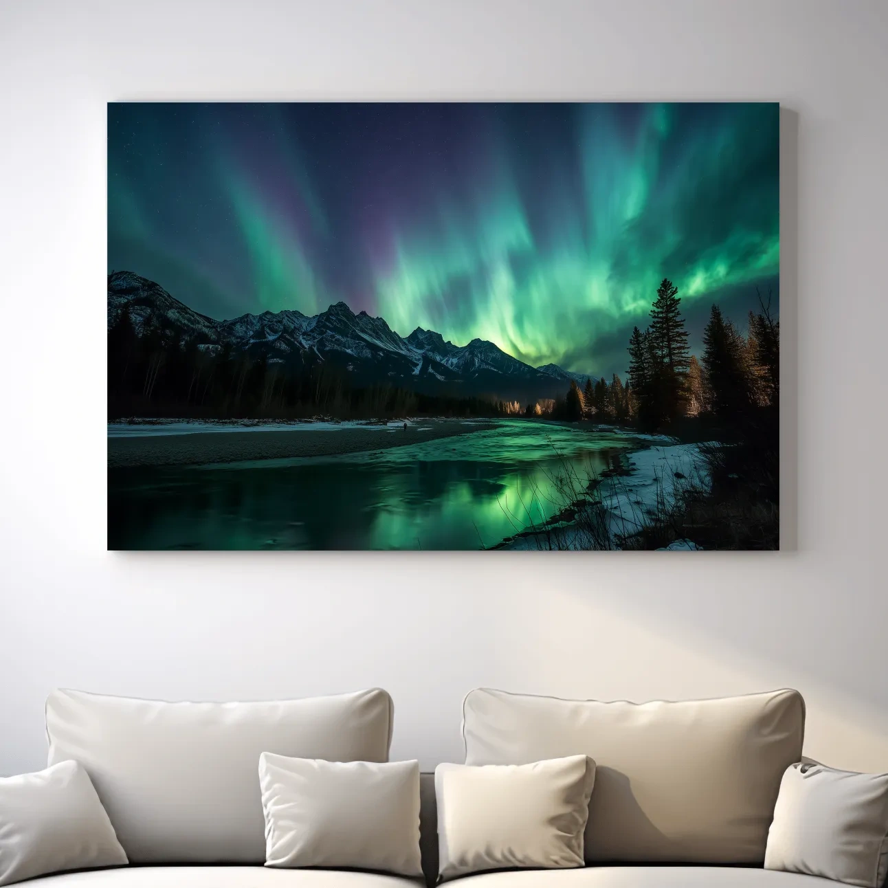 Vibrant Green Northern Lights Over Frozen Lake - Aurora Borealis Landscape Wall Art