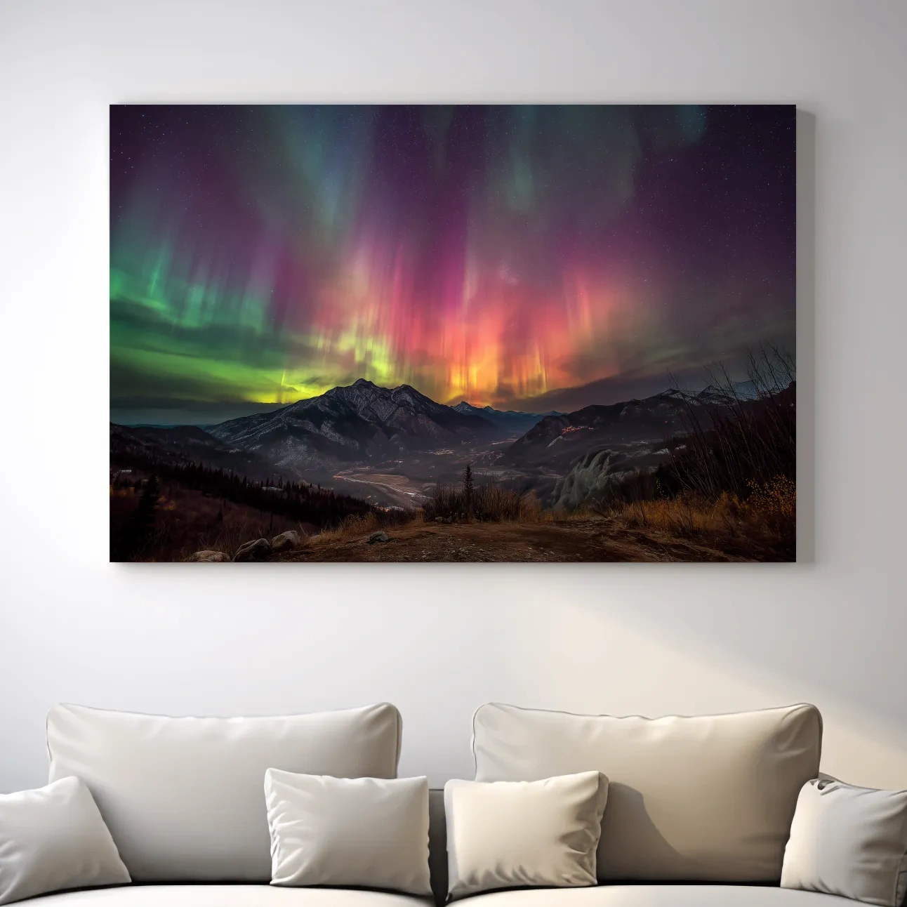 Vibrant Aurora Borealis Over Mountain Range - Colorful Northern Lights Landscape Wall Art