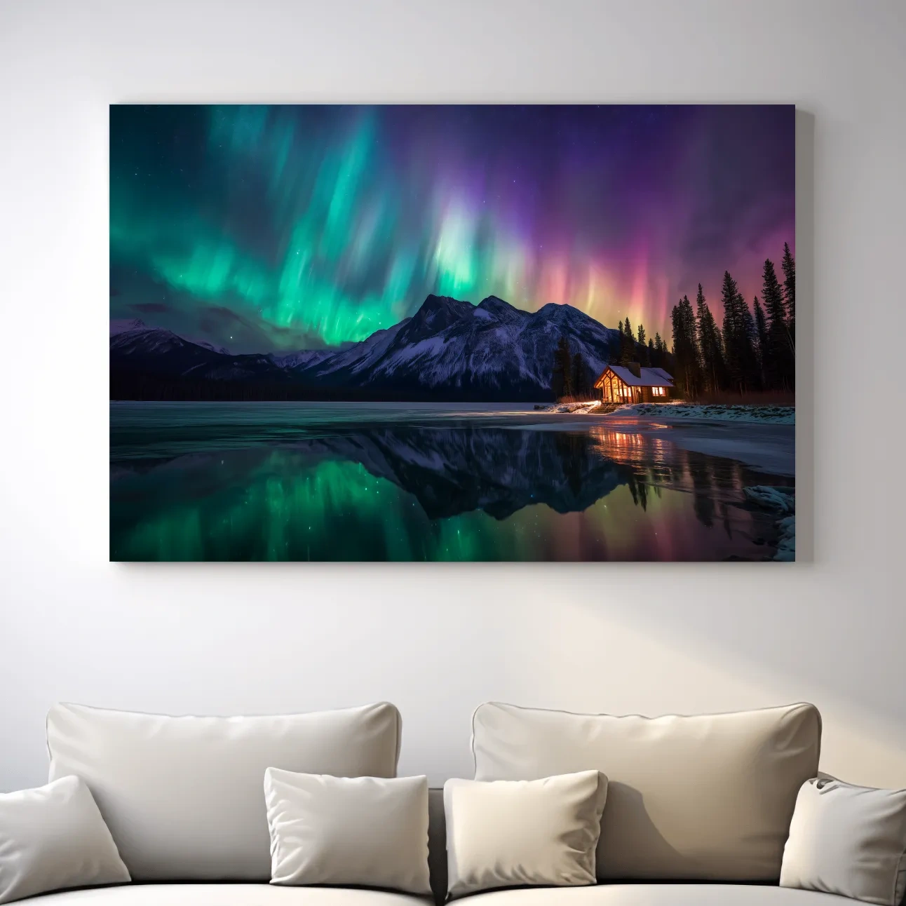 Vibrant Northern Lights Over Mountain Lake Cabin - Aurora Borealis Landscape Wall Art