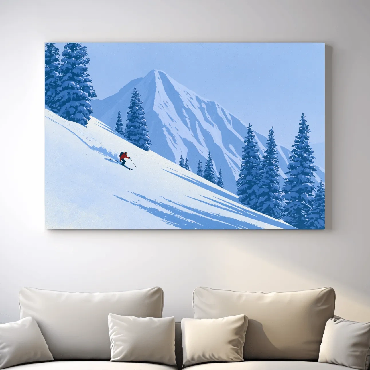 Minimalist Snowy Mountain Skier Landscape - Winter Alpine Illustration Wall Art