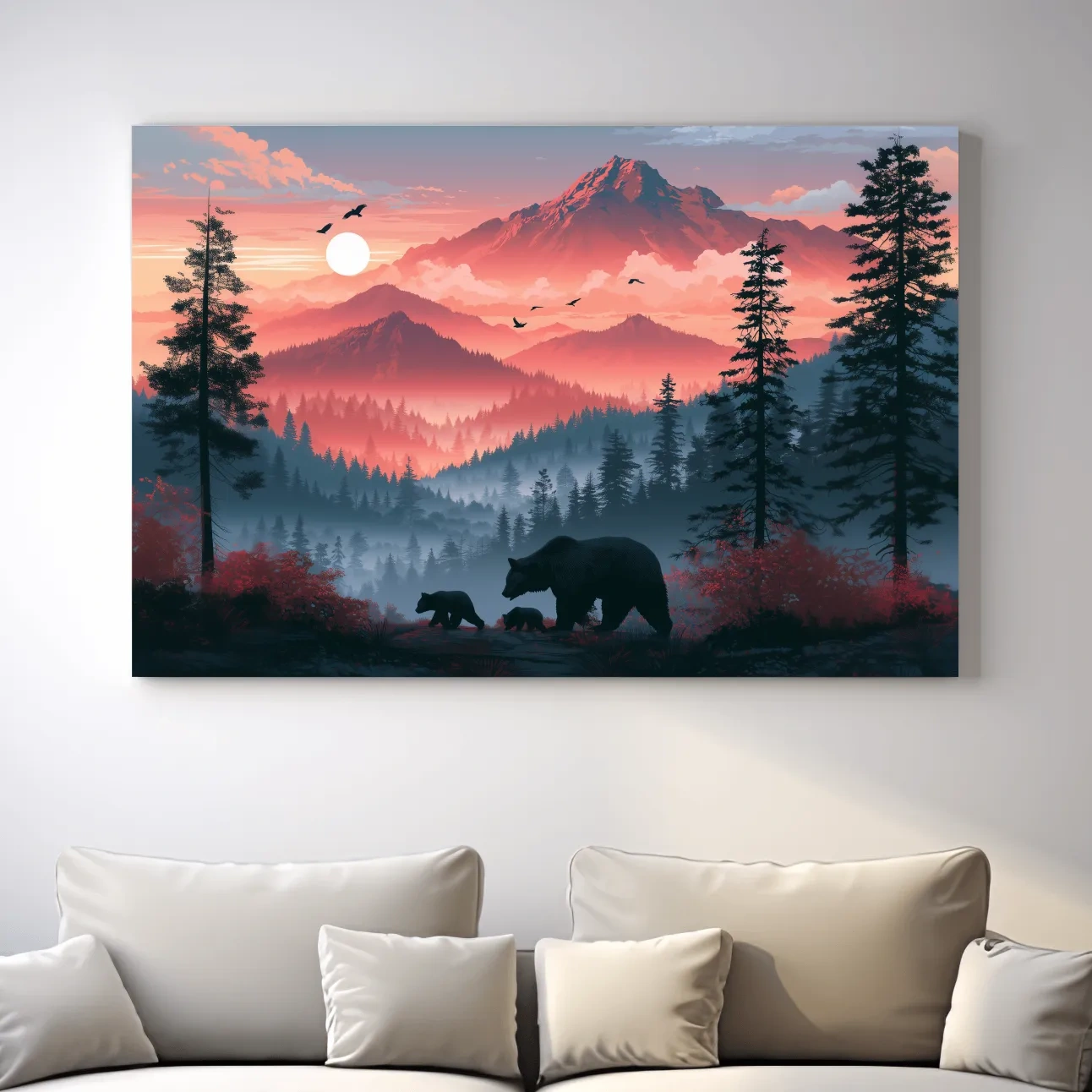 Sunset Mama Bear & Cubs Silhouette - Forest Wildlife Wall Art
