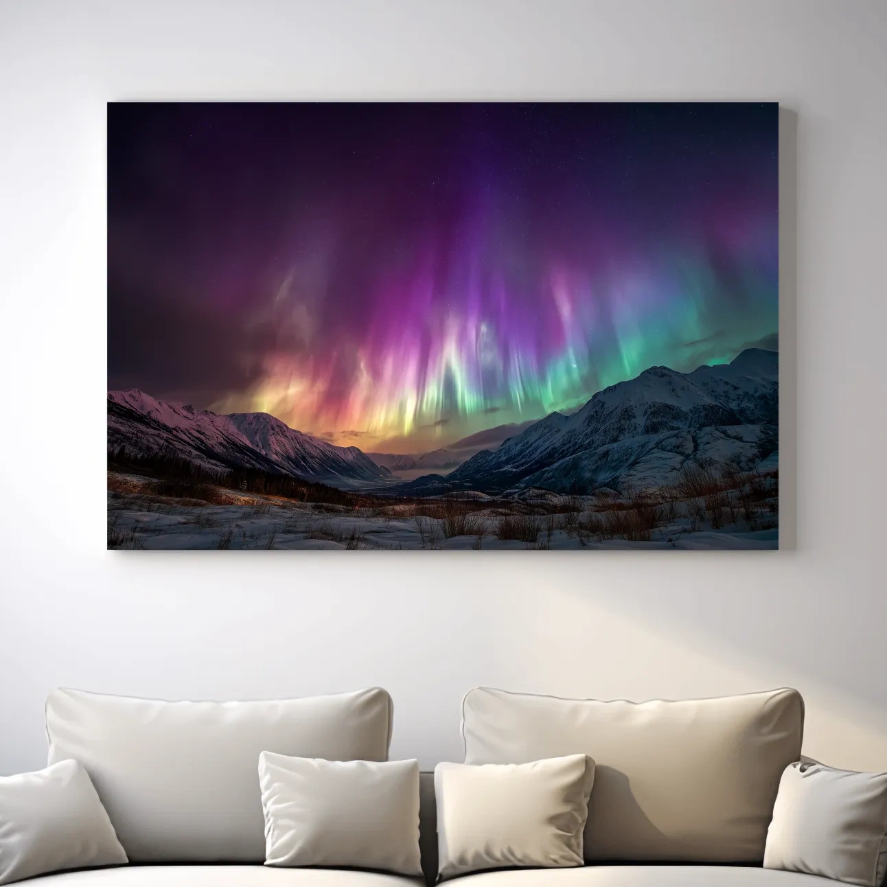Vibrant Aurora Borealis Over Snowy Mountains - Northern Lights Night Sky Wall Art