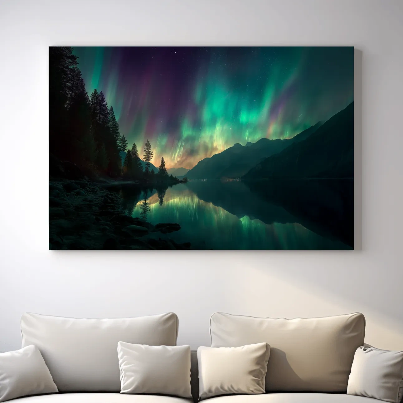 Vibrant Northern Lights Lake Reflection - Aurora Borealis Mountain Wall Art
