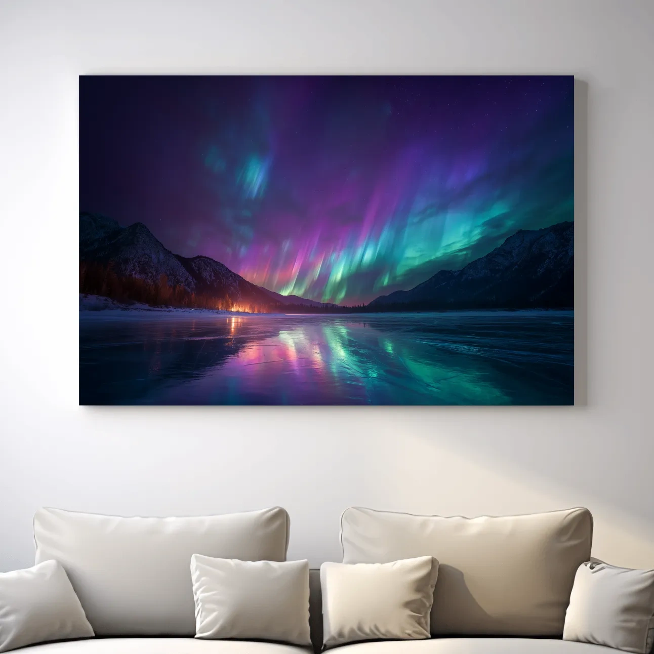 Vibrant Aurora Borealis Over Frozen Lake - Northern Lights Mountain Wall Art