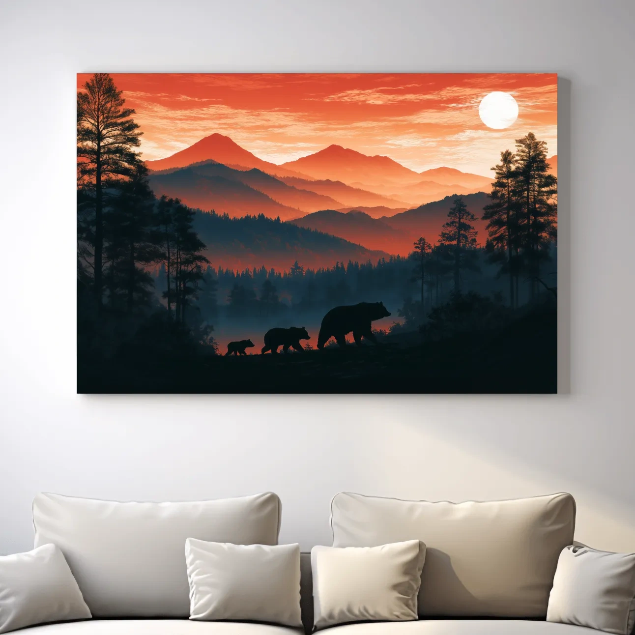 Mountain Sunset Bear Family Silhouettes - Wilderness Landscape Artwork