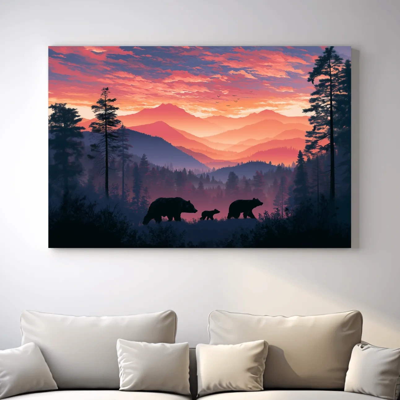 Moody Sunset Mountain Bear Family Silhouettes - Wildlife Wall Art