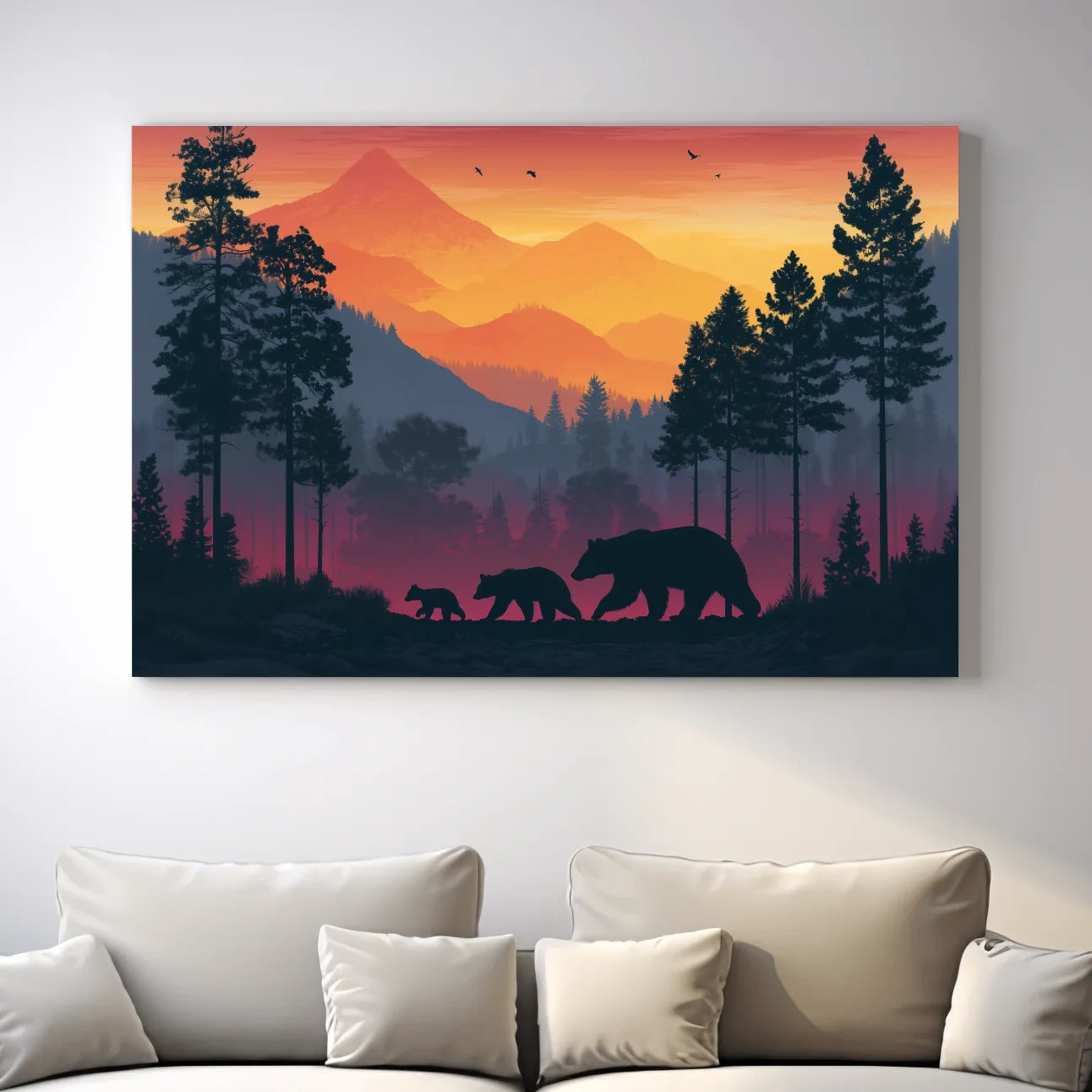 Sunset Momma Bear & Cubs Silhouette - Forest Wildlife Wall Art