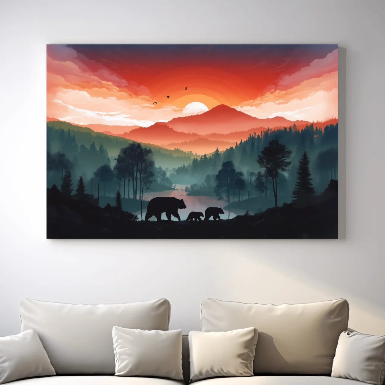 Sunset Bear Family Silhouette Landscape - Misty Mountain Forest Wall Art