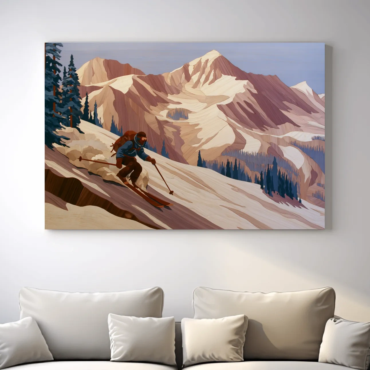 Backcountry Skier Descending Snowy Alpine Peaks - Modern Outdoor Adventure Wall Art