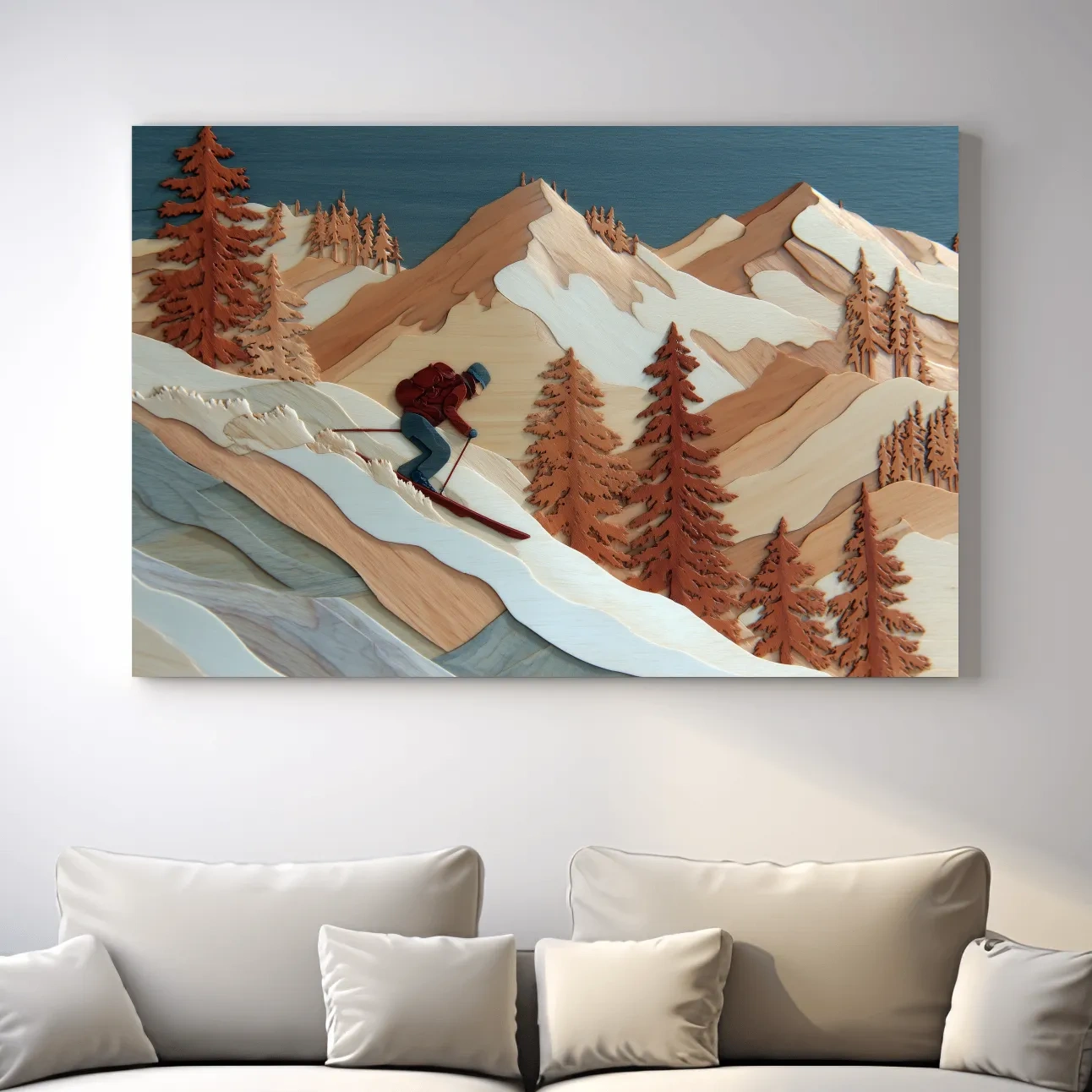 Wood Intarsia Style Skier Mountain Scene - Winter Alpine Wall Art