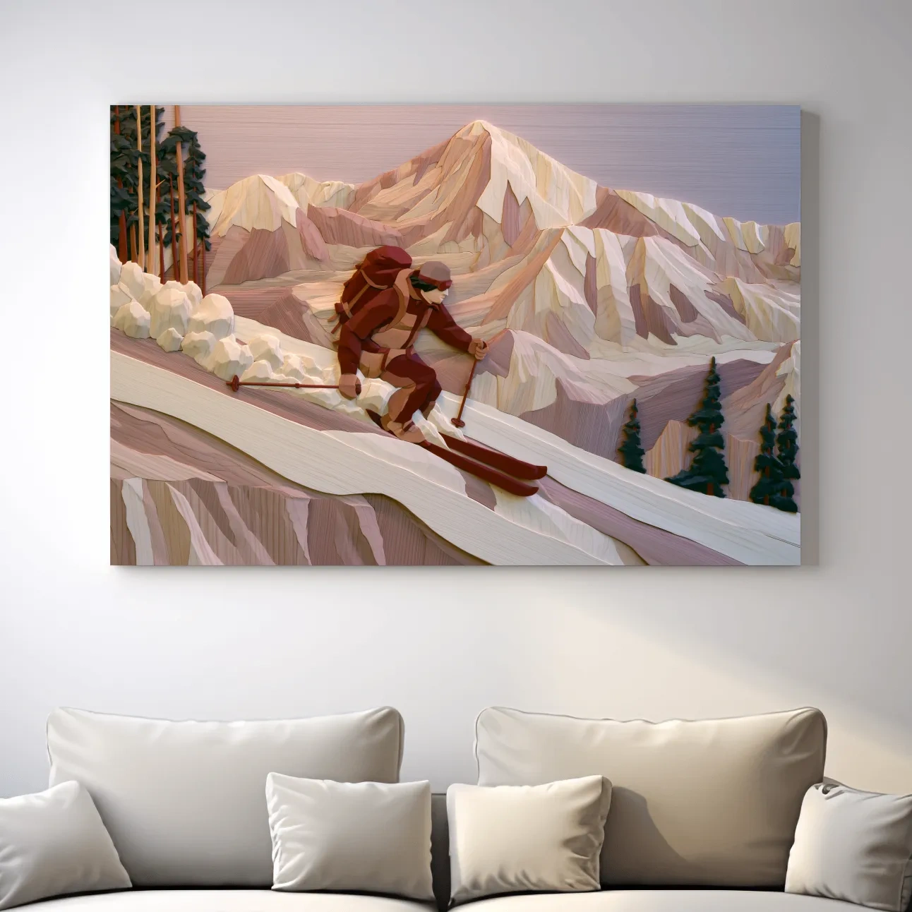 Geometric Backcountry Skier In Alpine Peaks - Winter Mountain Adventure Wall Art