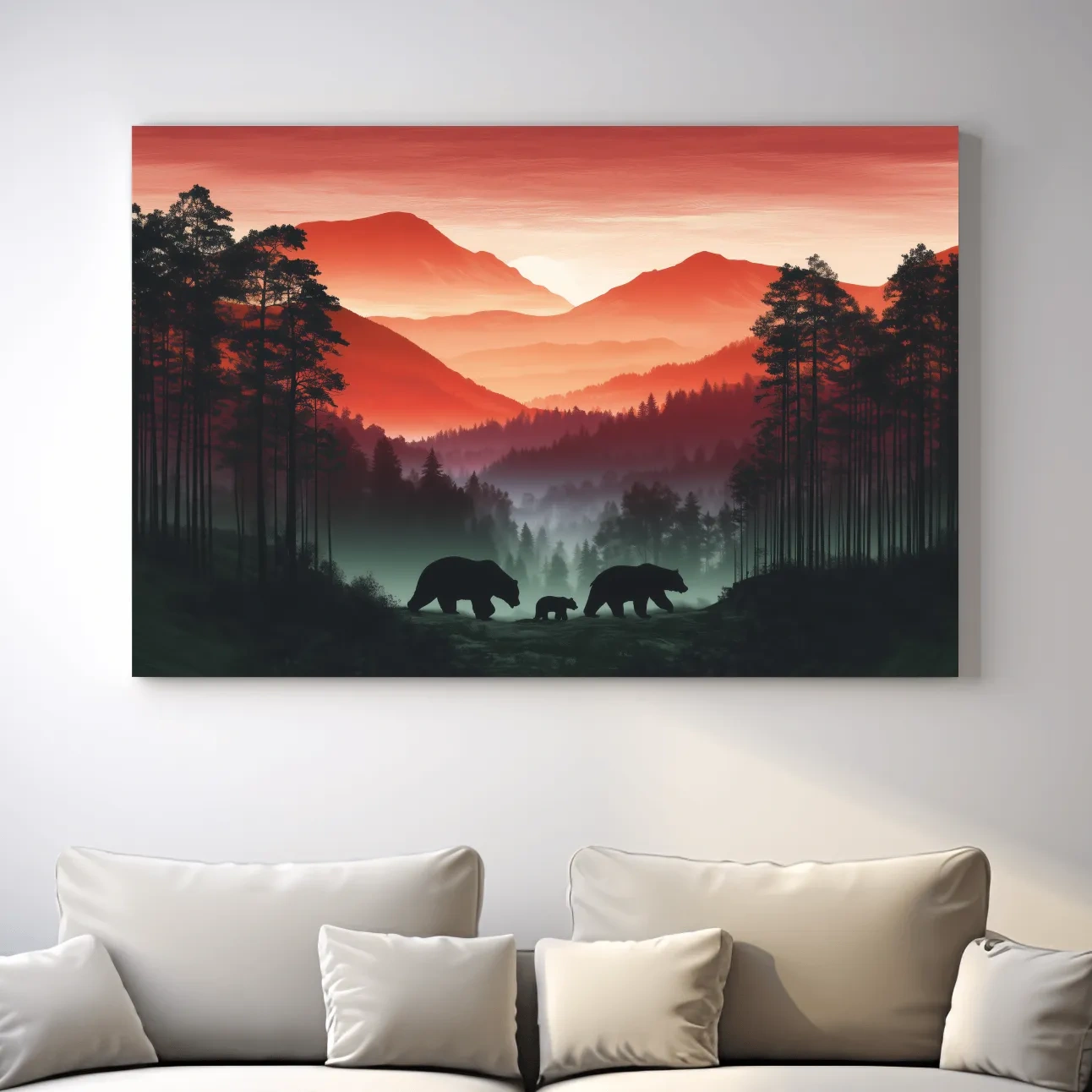 Moody Sunset Mountain Bear Family Silhouettes - Misty Forest Wildlife Wall Art