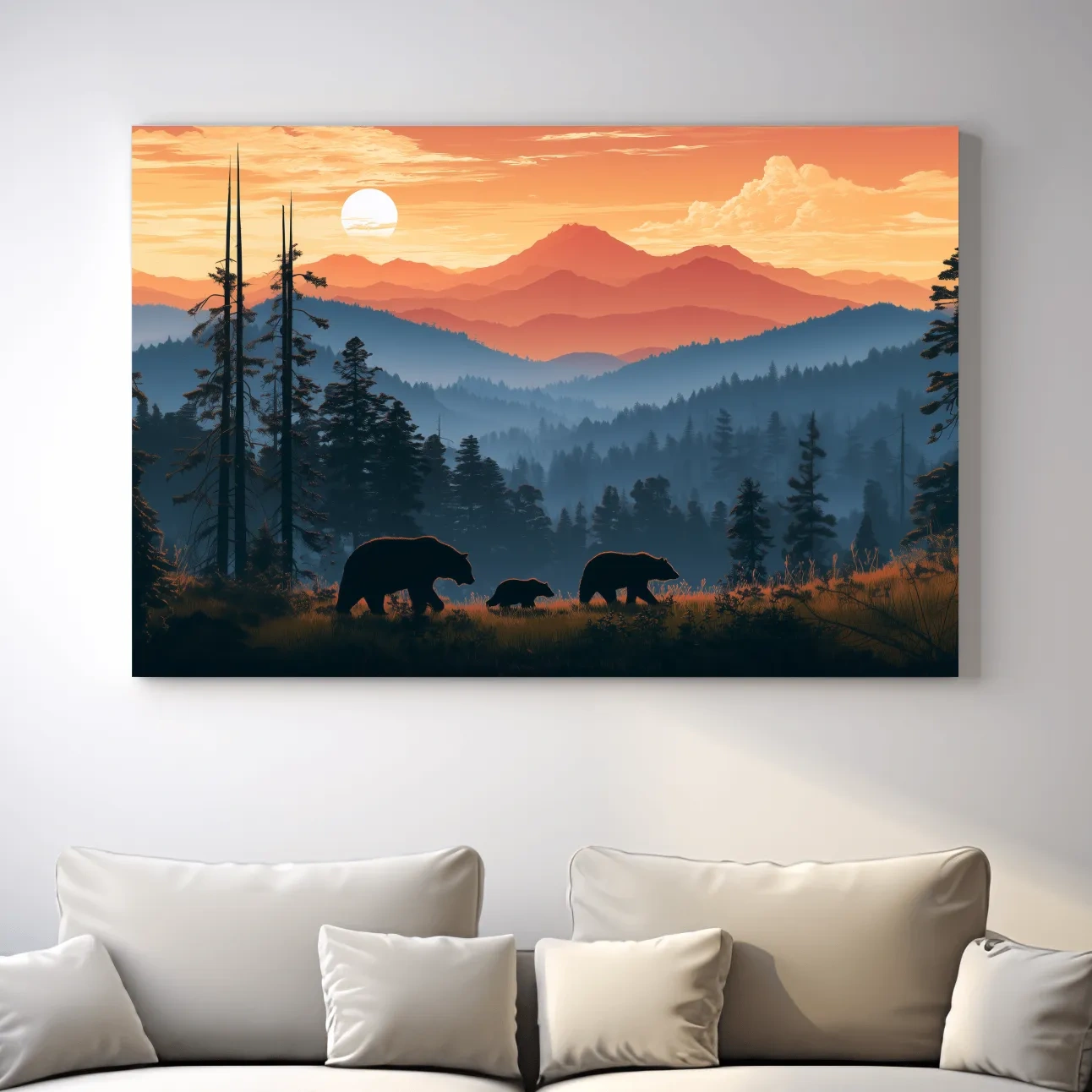 Bear Family Silhouettes - Mountain Sunset Wildlife Wall Art