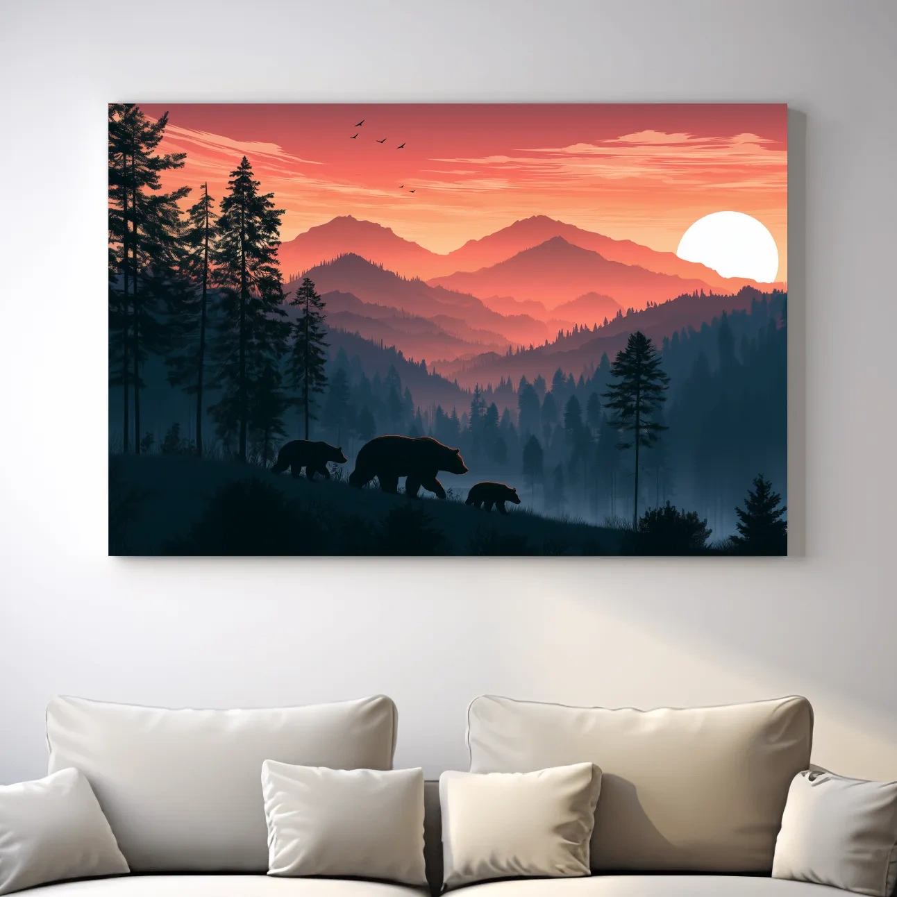 Bear Family Silhouette Mountain Sunset - Wildlife Landscape Wall Art