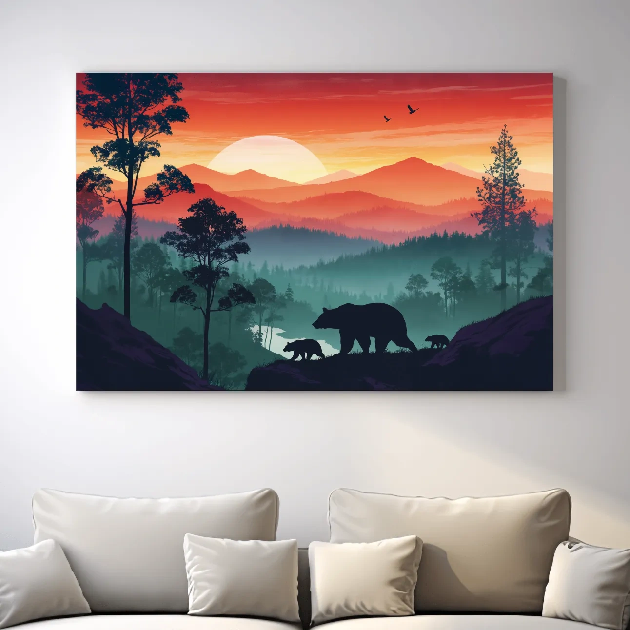 Sunset Mama Bear & Cubs Silhouette - Misty Forest Landscape Artwork