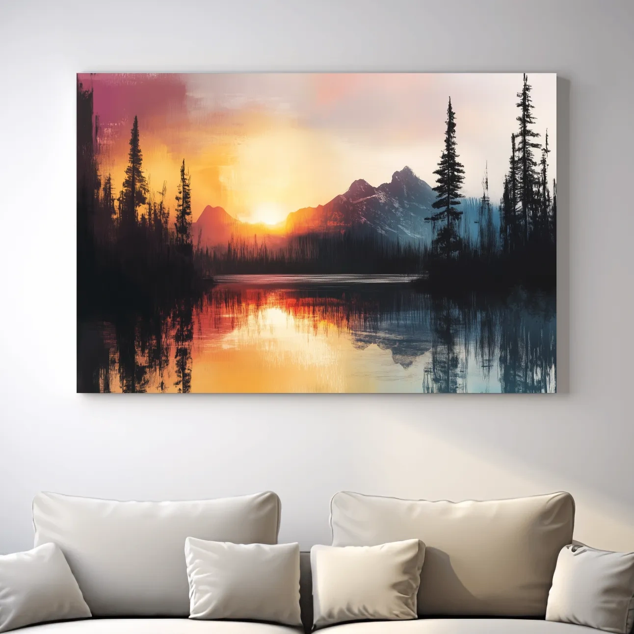 Sunset Mountain Lake Reflection Painting - Dramatic Pine Forest Landscape Wall Art