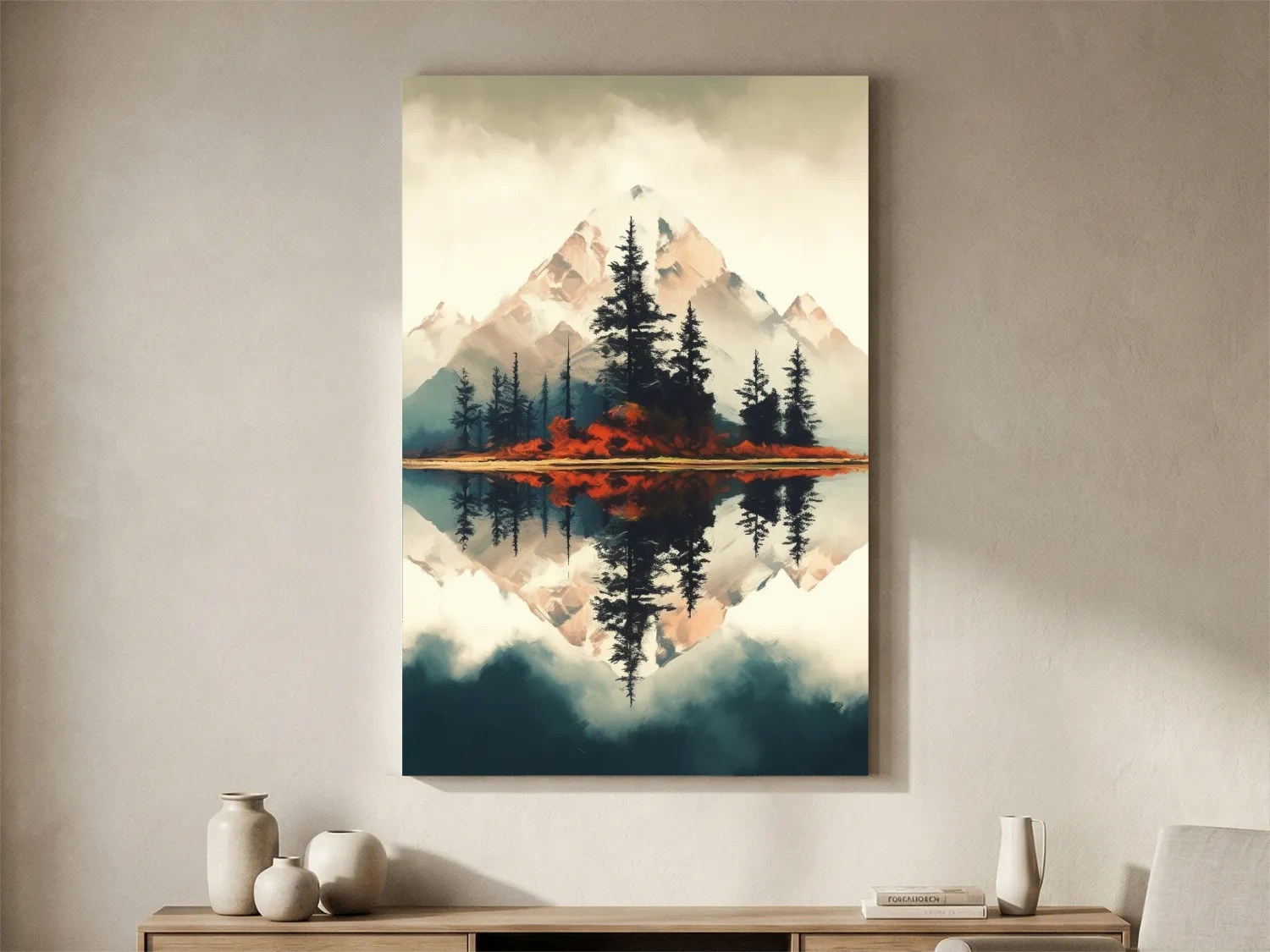 Minimal Mountain Lake Reflection With Pine Forest - Watercolor Landscape Wall Art