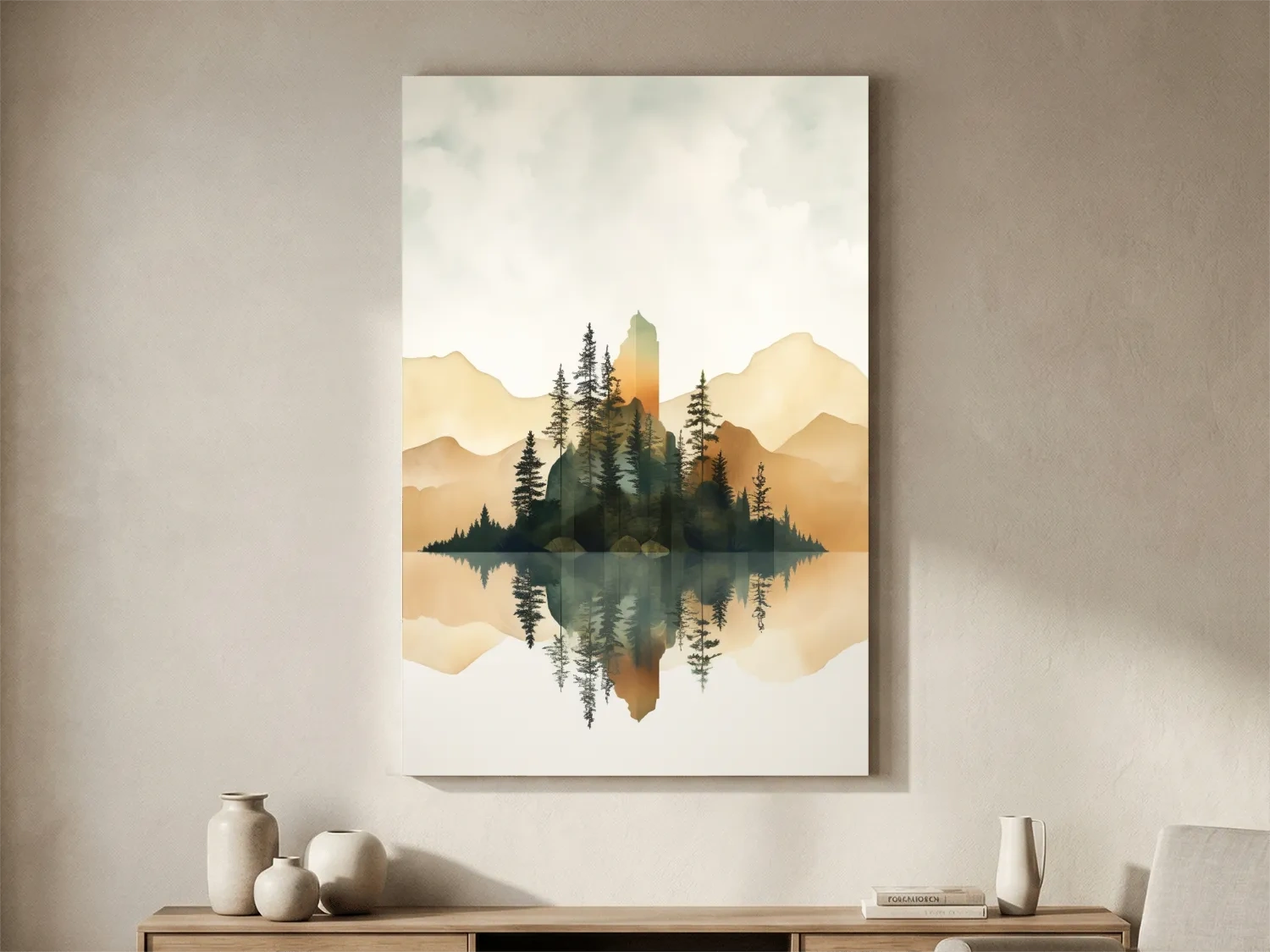 Alpine Mountain Lake Reflection Watercolor - Serene Pine Forest Wall Art