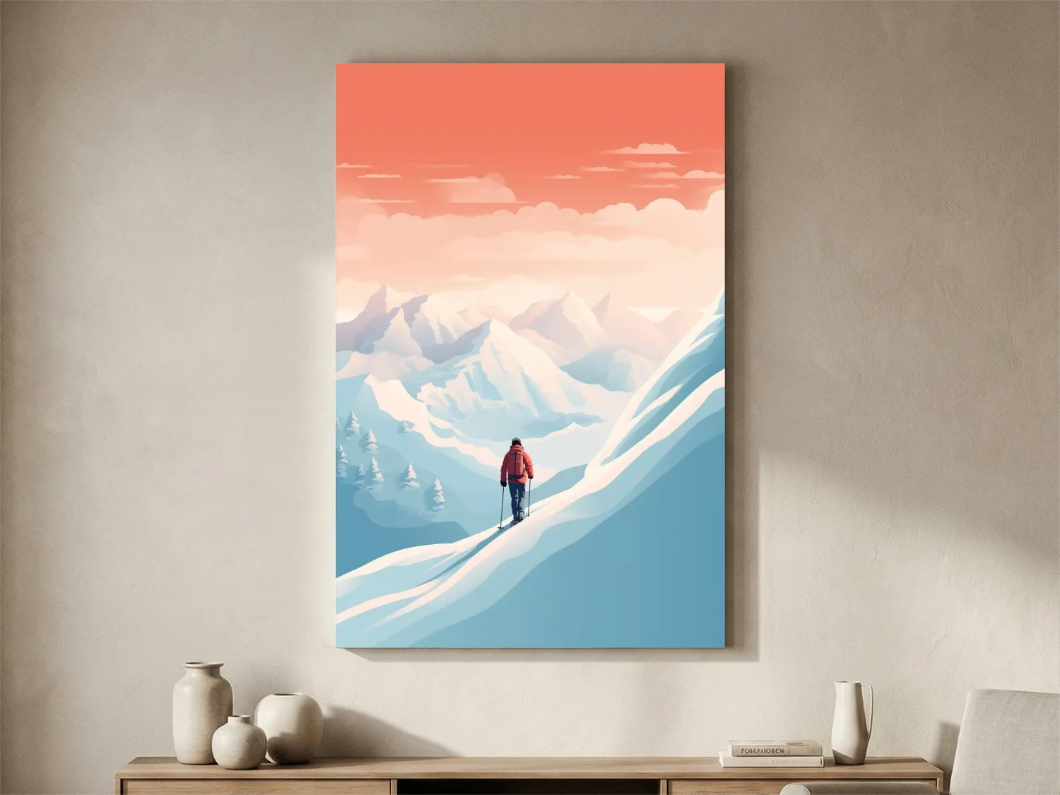 Backcountry Skier In Alpine Sunset - Minimalist Winter Mountains Wall Art