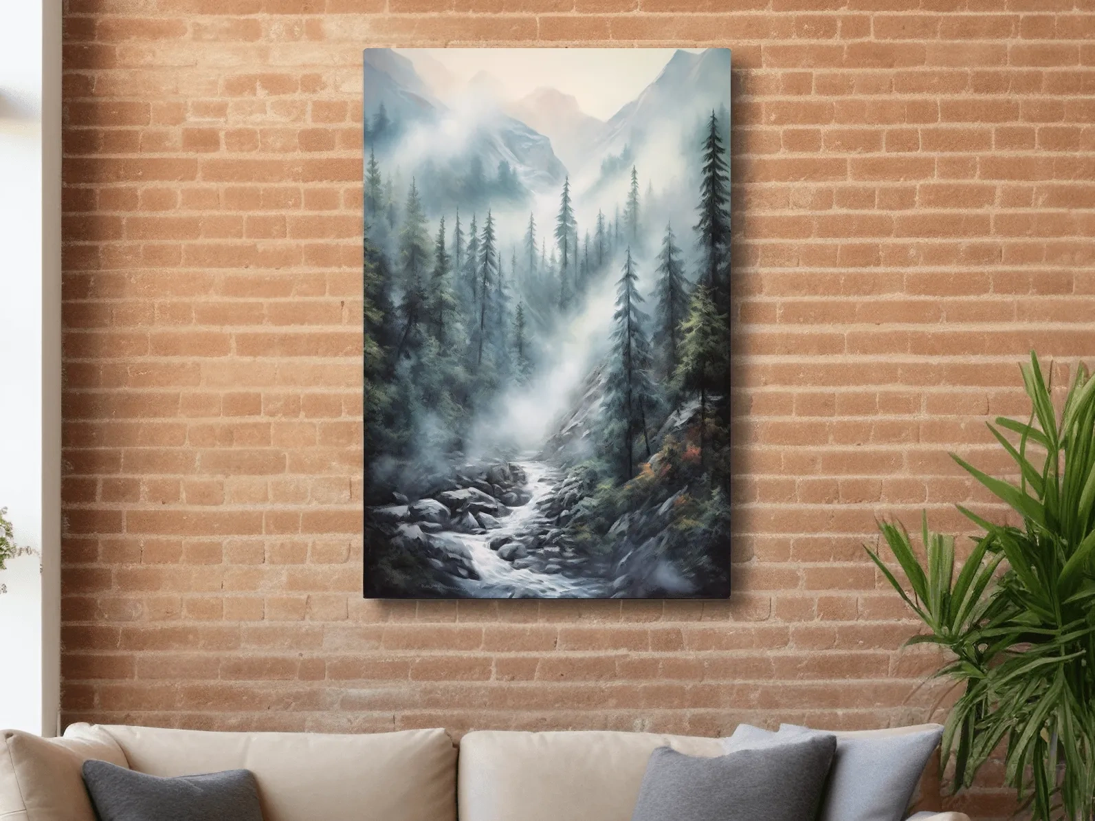 Painting of a foggy forest mountain and river scene