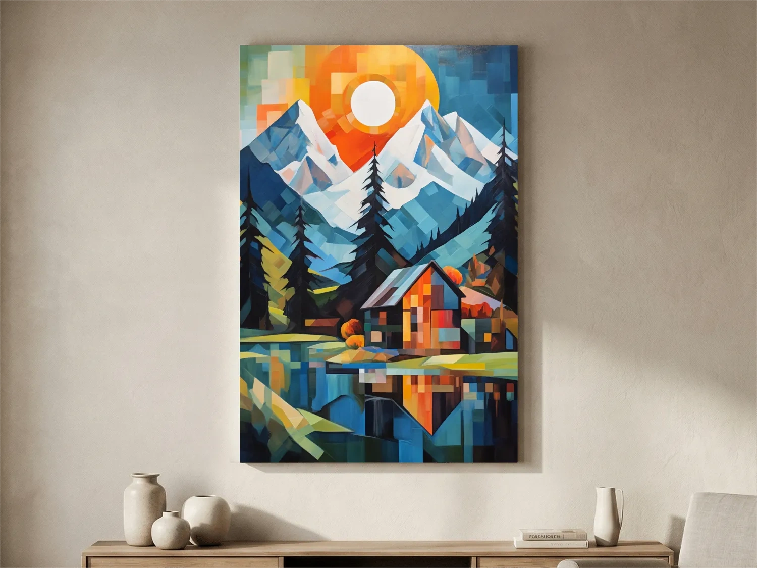 Geometric Alpine Cabin Lake Sunset - Vibrant Impressionist Mountain Wall Art