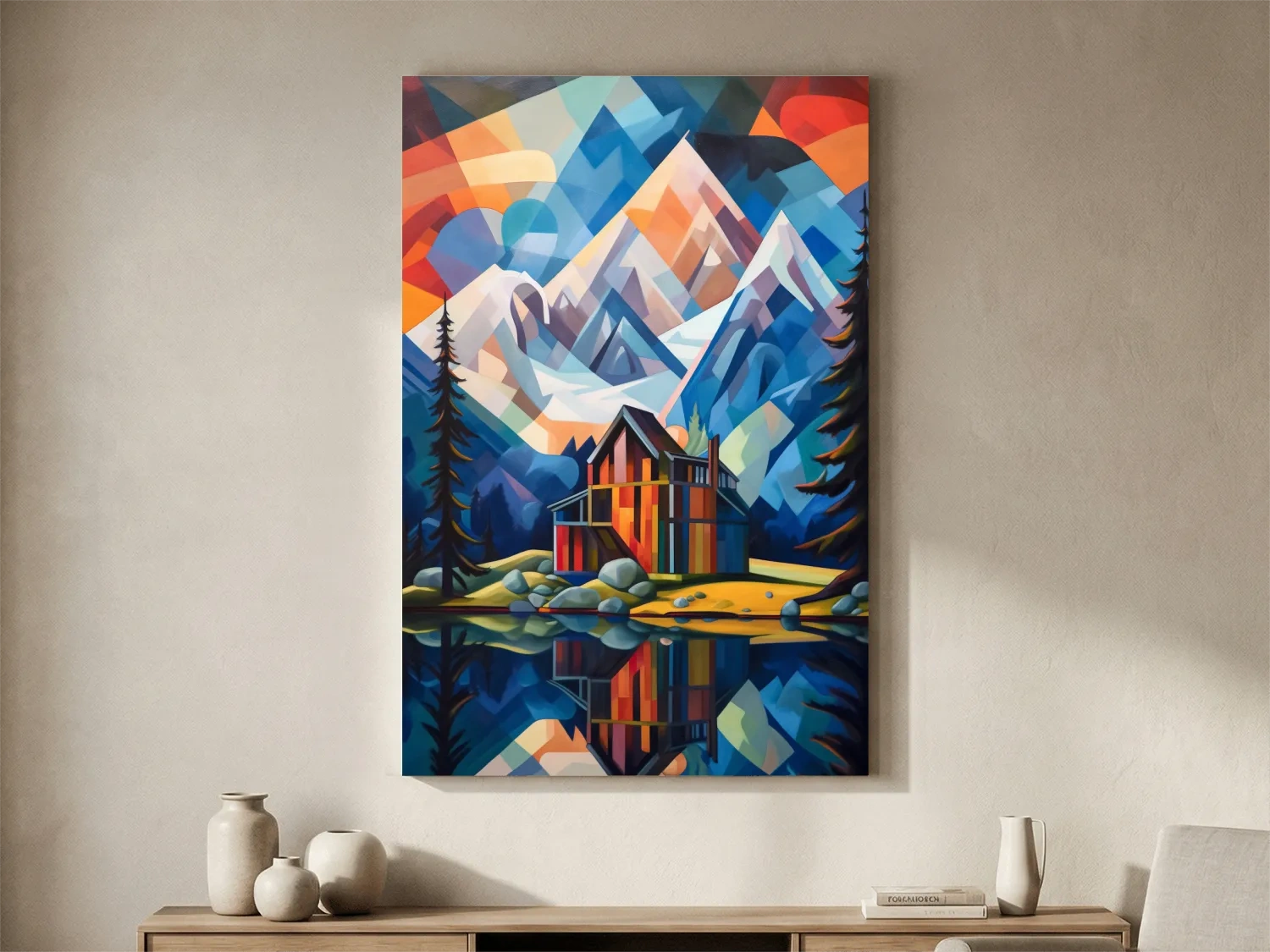 Vibrant Geometric Mountain Lake Cabin Painting - Abstract Alpine Wall Art