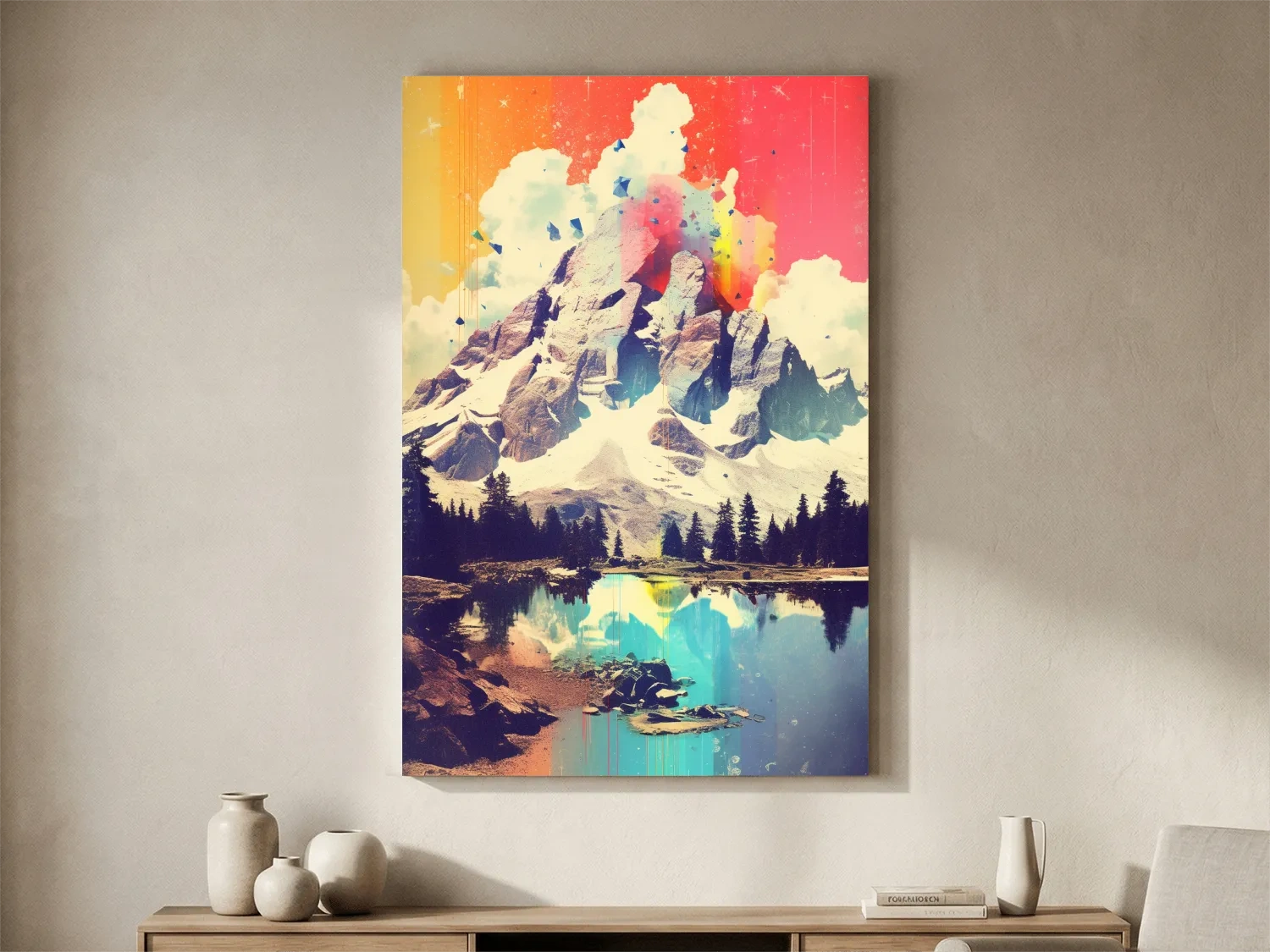 Vibrant Abstract Mountain Lake Painting - Colorful Alpine Landscape Wall Art