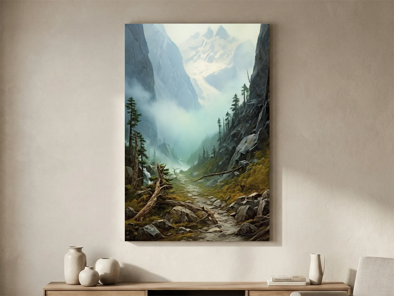 Misty Alpine Mountain Valley Painting - Foggy Pine Forest Wall Art