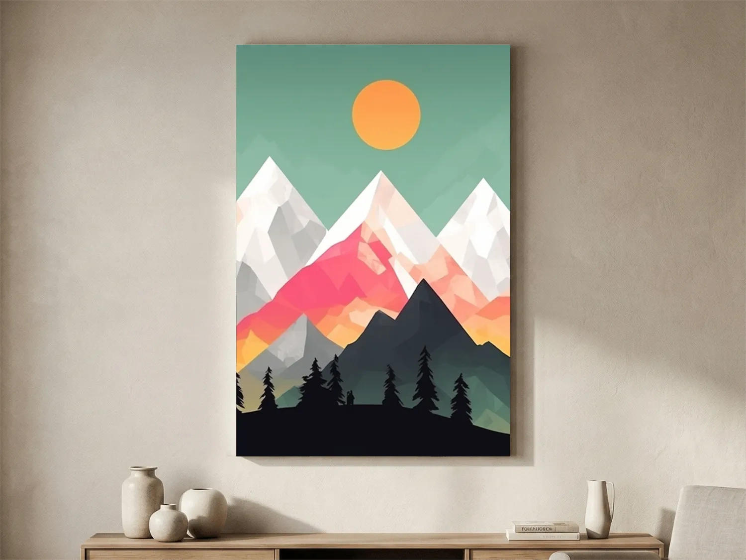 Geometric Sunset Mountain Peaks With Pine Silhouettes - Modern Colourful 2D Wall Art