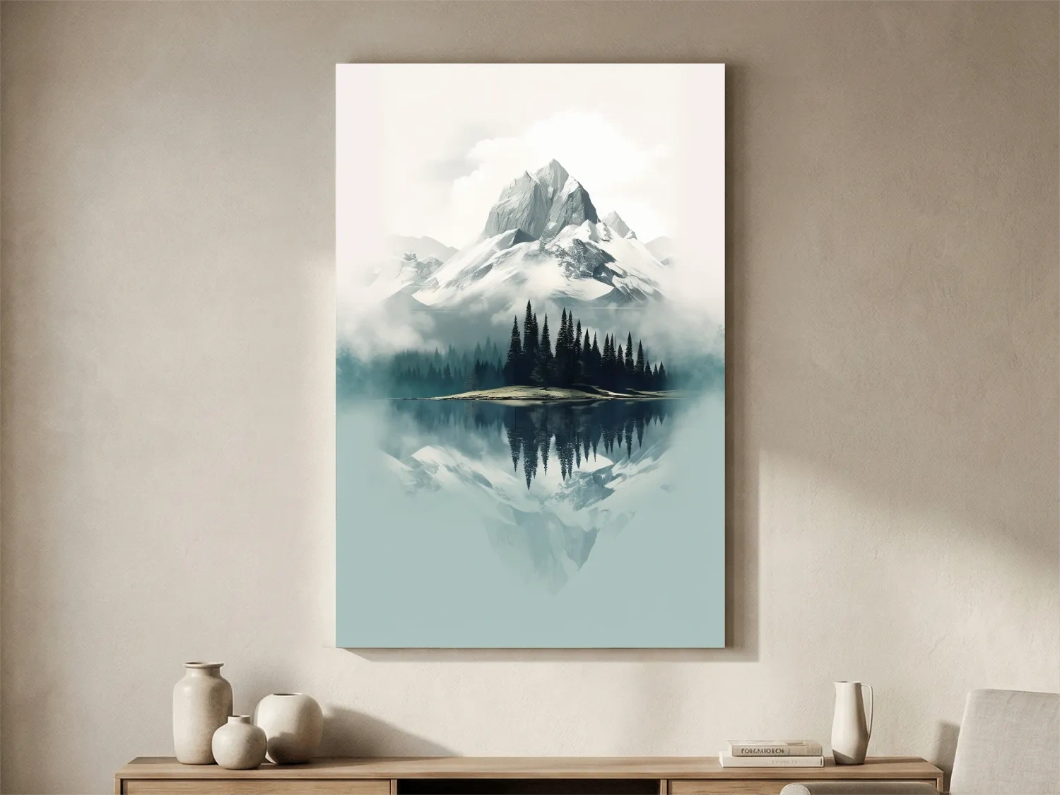 Misty Alpine Mountain Lake Reflection - Minimalist Watercolor Landscape Wall Art