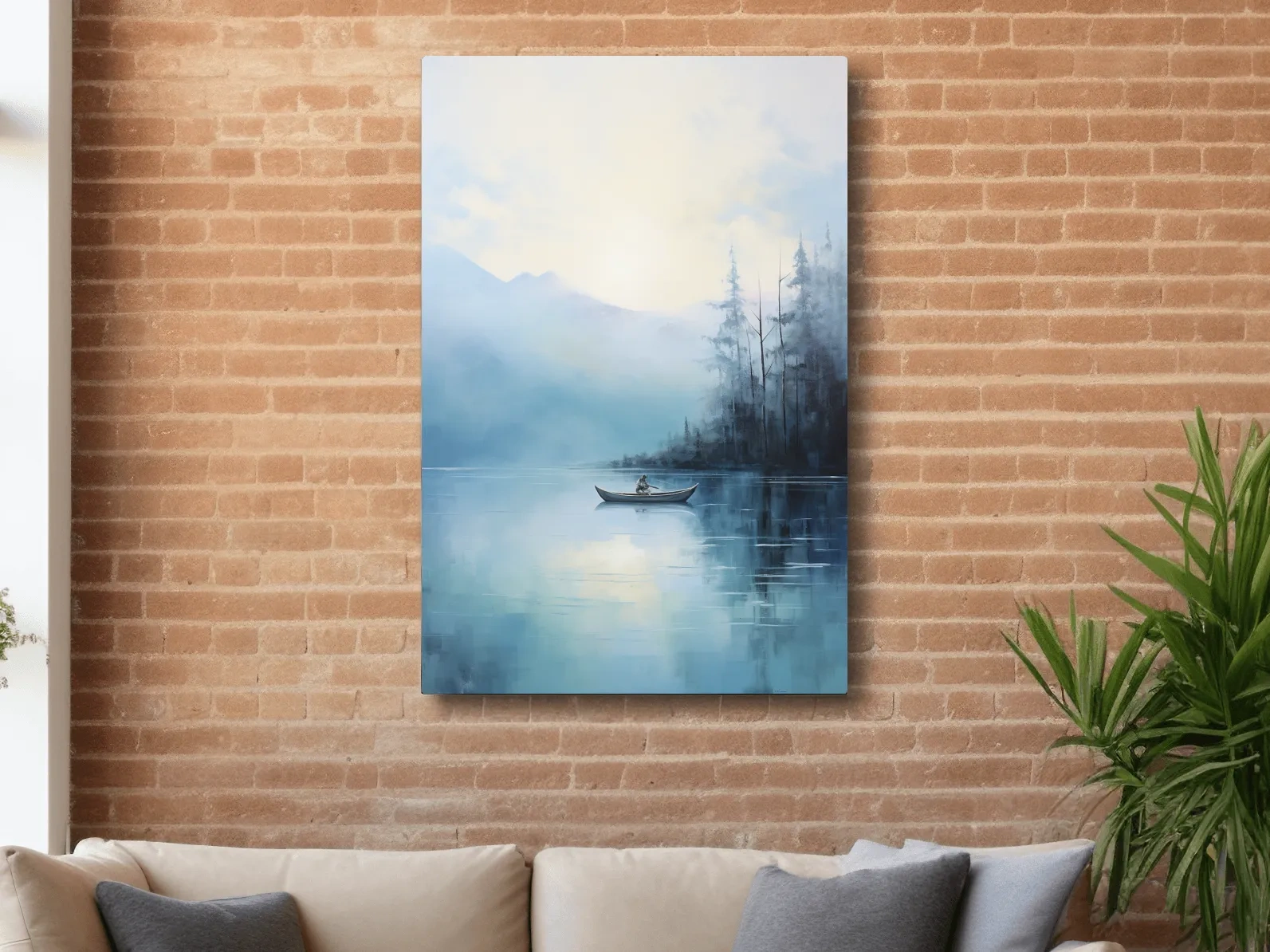 Misty Turquoise Mountain Lake Canoe Painting - Serene Forest Landscape Wall Art