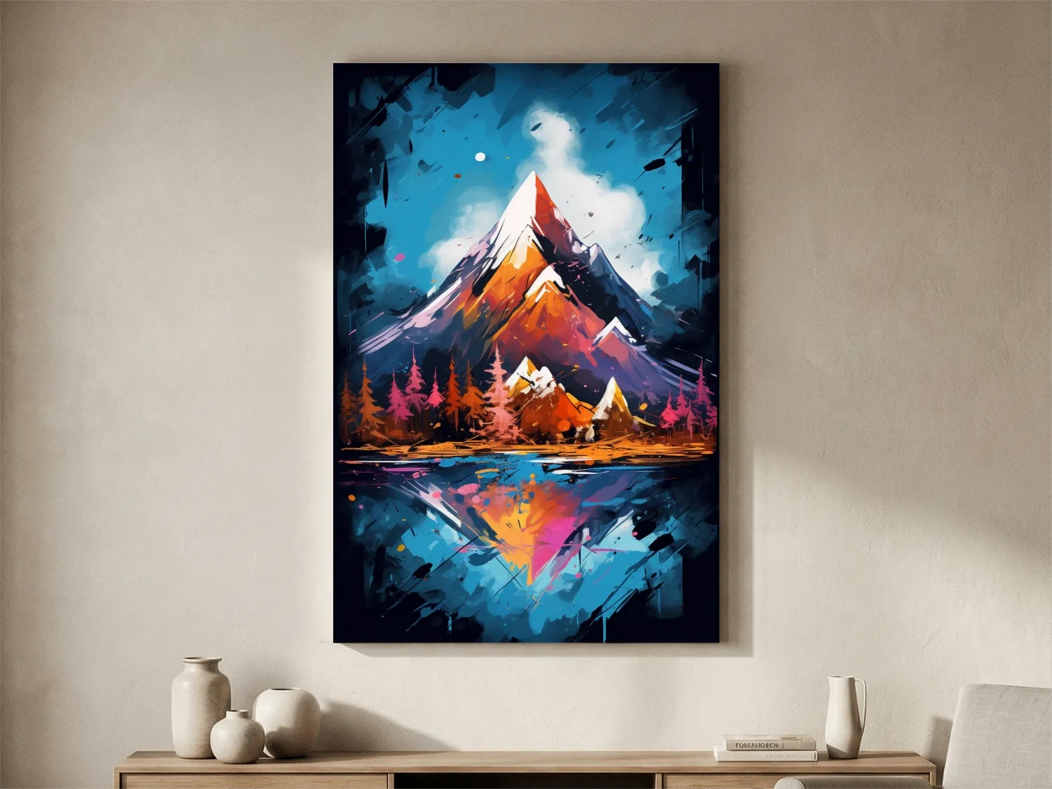 Vibrant Abstract Alpine Lake Painting - Colorful Mountain Forest Wall Art