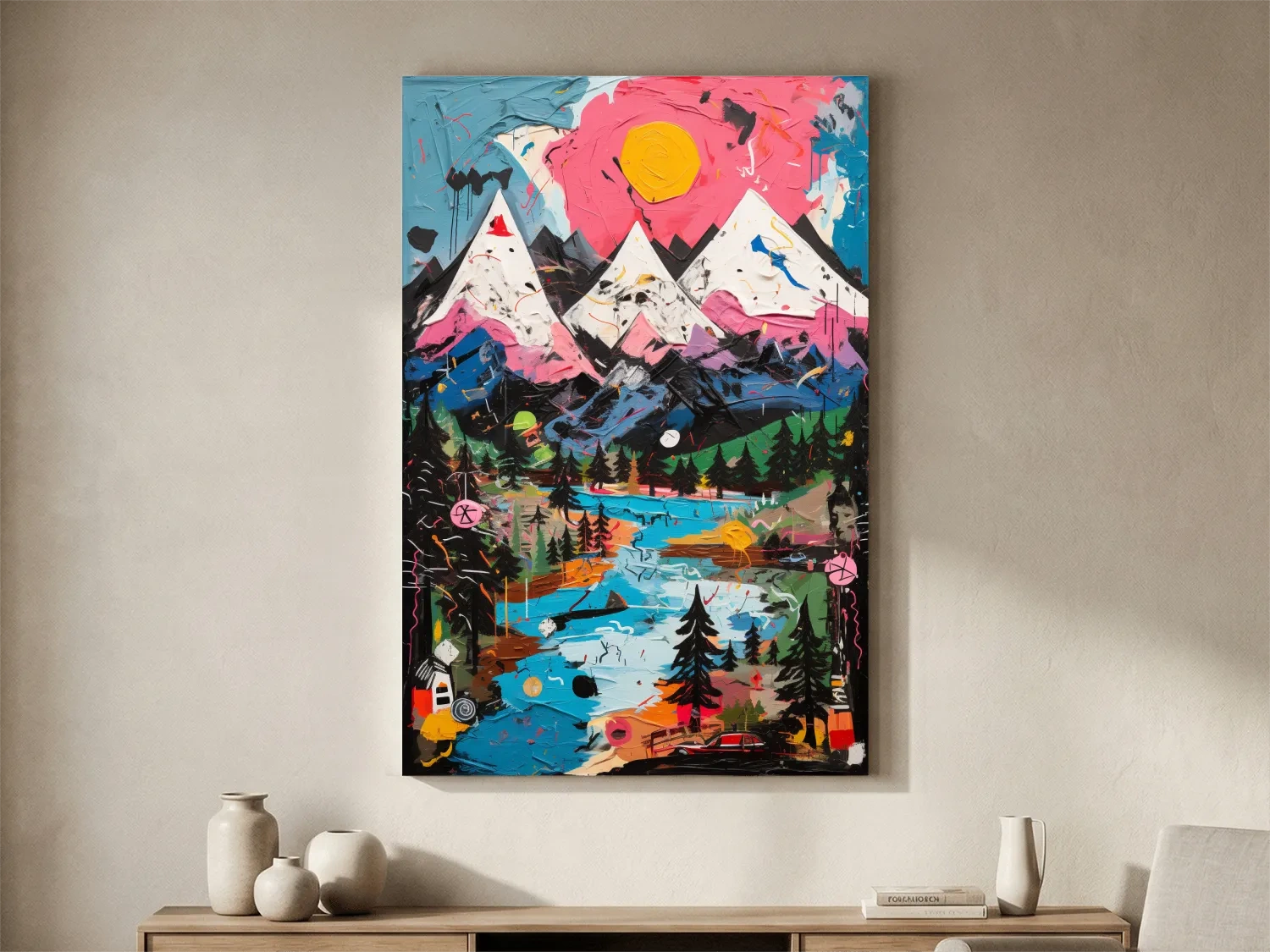 Vibrant Abstract Mountain Lake Sunset Painting - Colorful Modern Landscape Wall Art