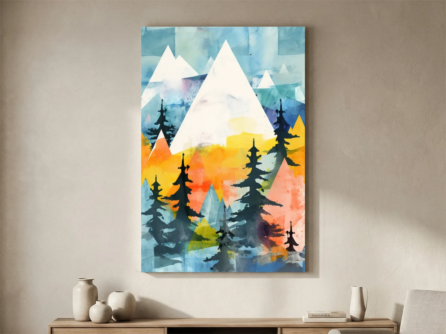 Rustic Watercolor Mountains And Pine Forest - Vibrant Alpine Landscape Wall Art