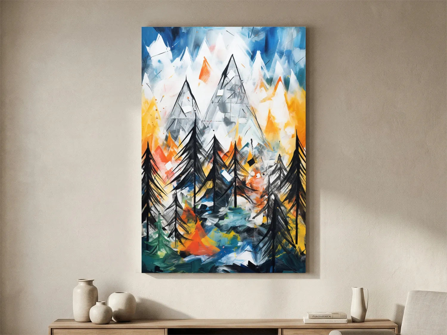 Abstract Alpine Mountain Peaks Painting - Colorful Energetic Pine Forest Landscape Wall Art