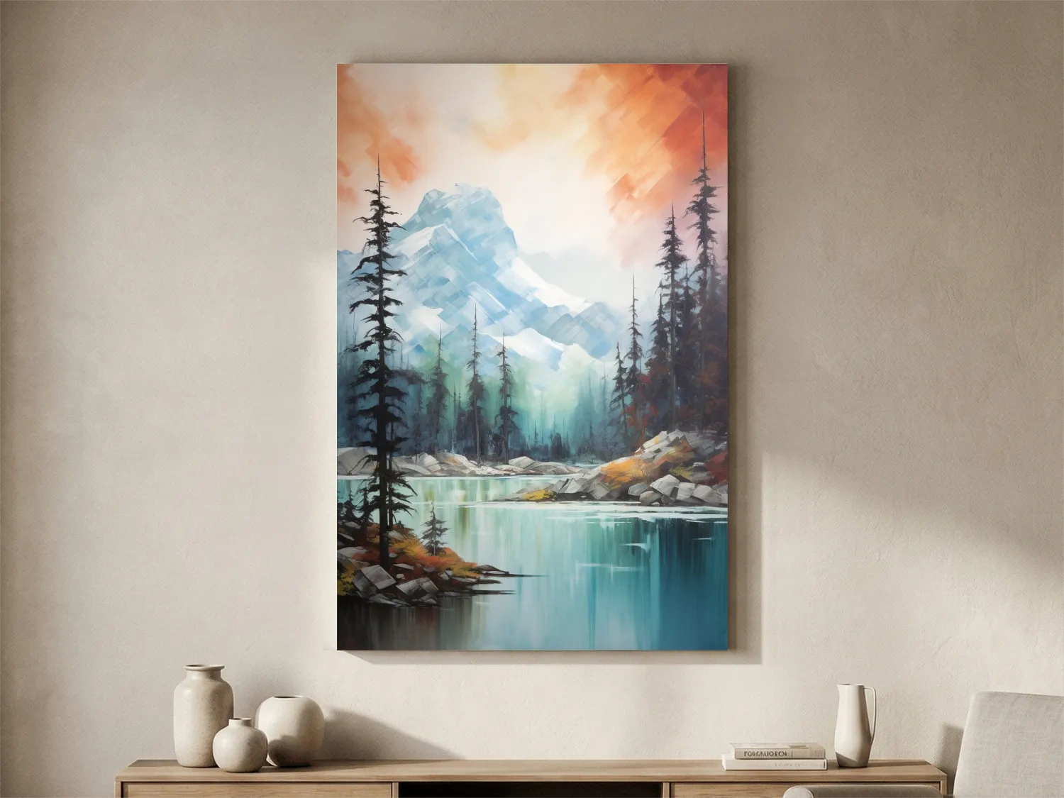 Turquoise Alpine Lake & Pine Forest Sunset Watercolor - Serene Mountain Landscape Wall Art