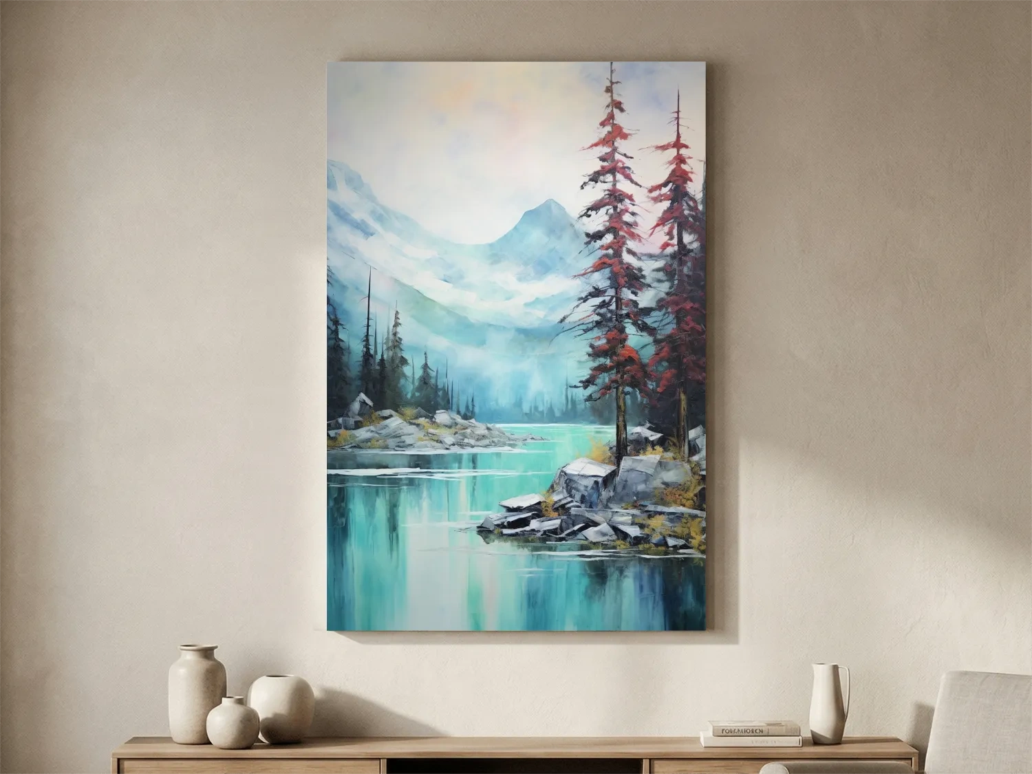 Misty Turquoise Alpine Lake Watercolor - Serene Mountain Landscape Wall Art