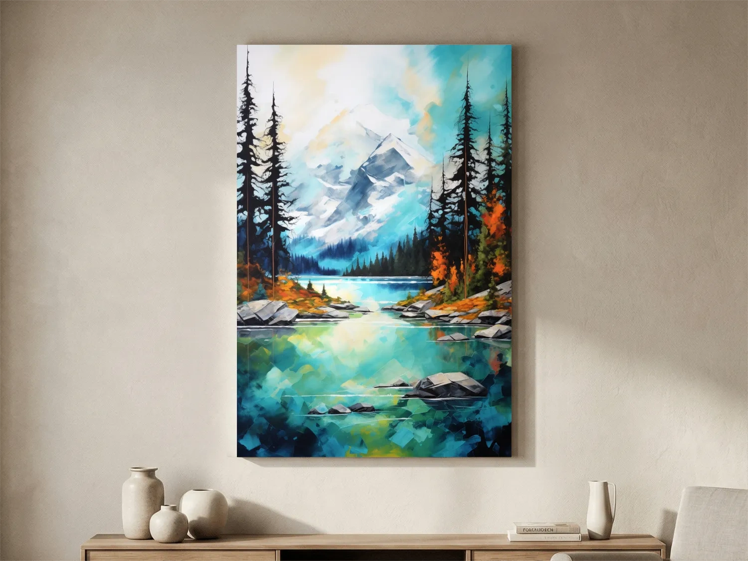 Turquoise Alpine Lake Mountain Painting - Colorful Watercolor Forest Wall Art