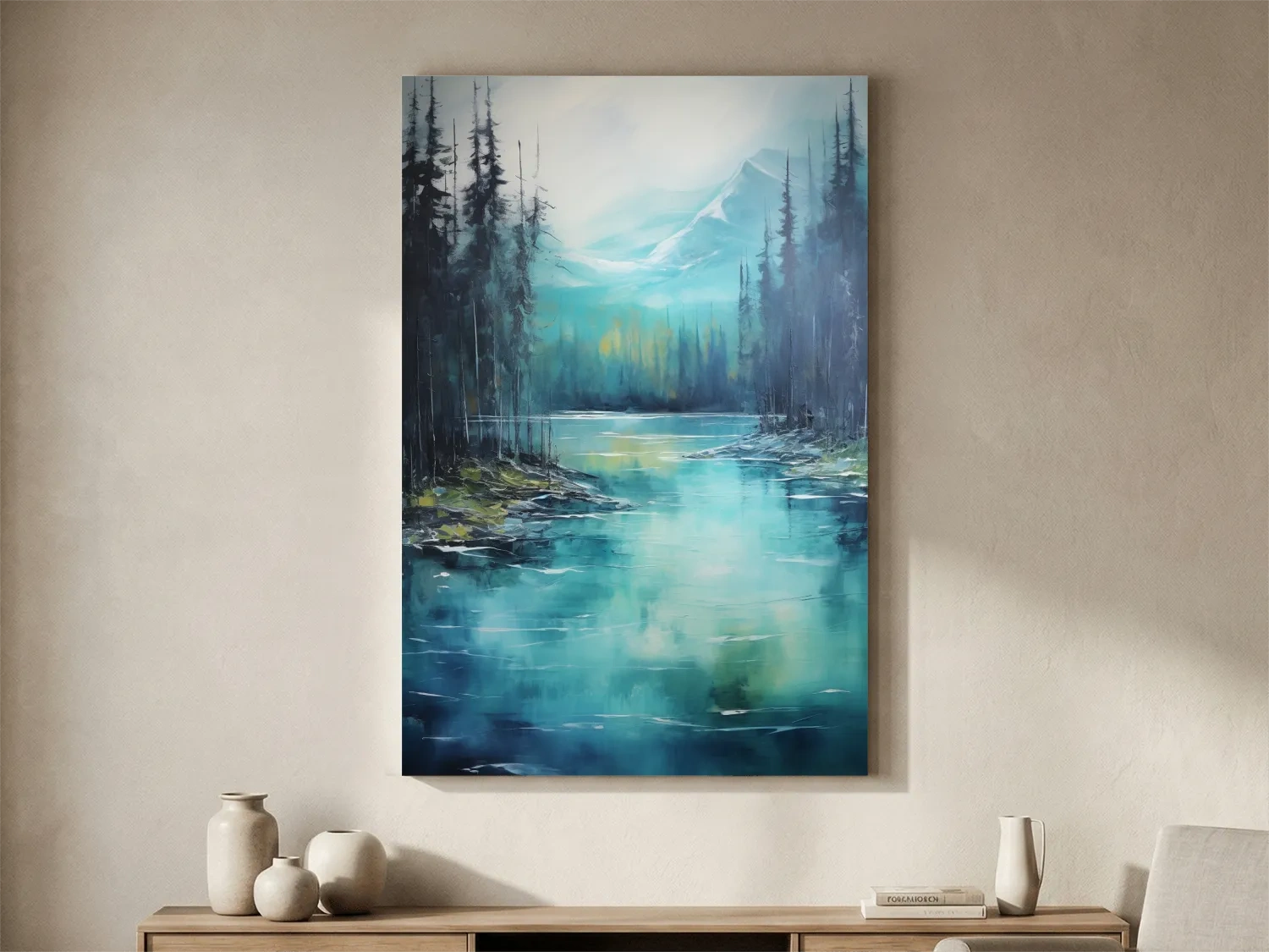 Misty Mountain Lake Reflection - Serene Forest Oil Panting Wall Art