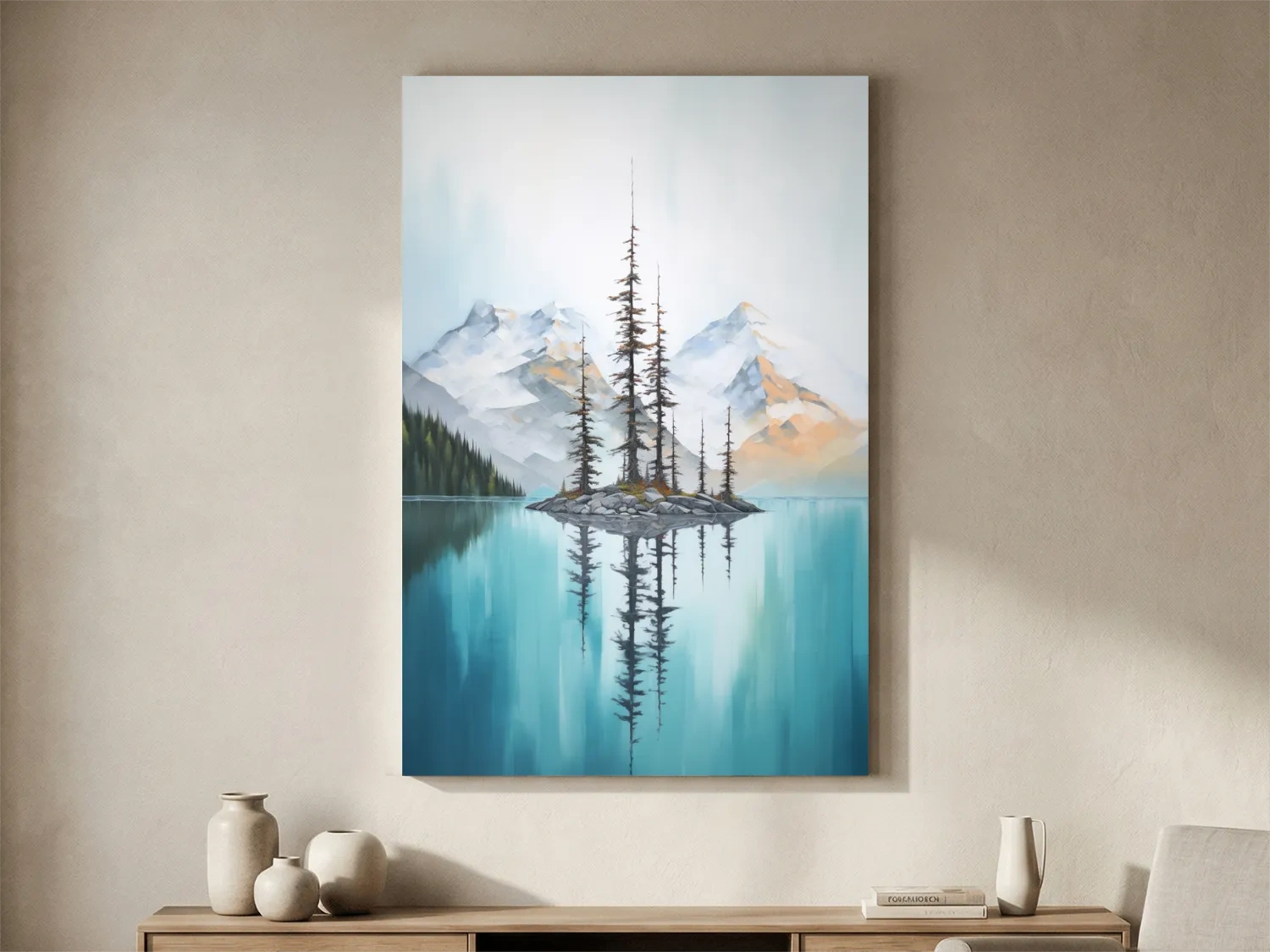 Turquoise Alpine Lake Island Pines - Serene Mountain Landscape Wall Art