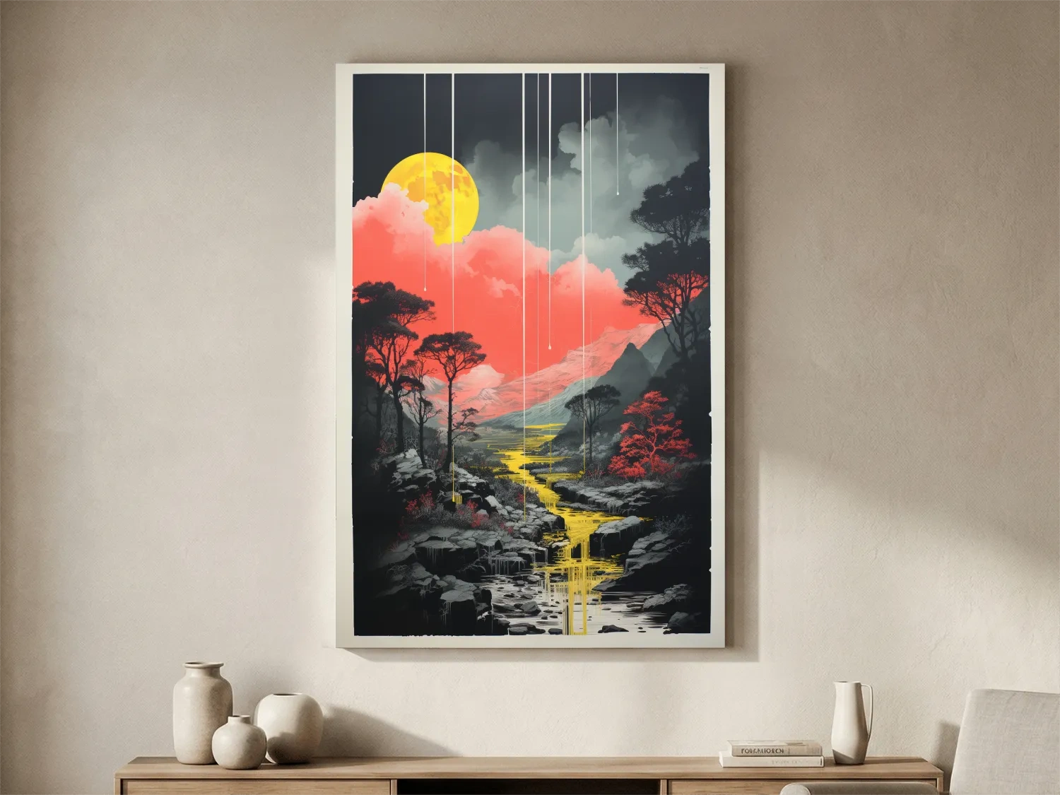Surreal Moonlit Mountain River Landscape - Fantasy Nature Wall Art